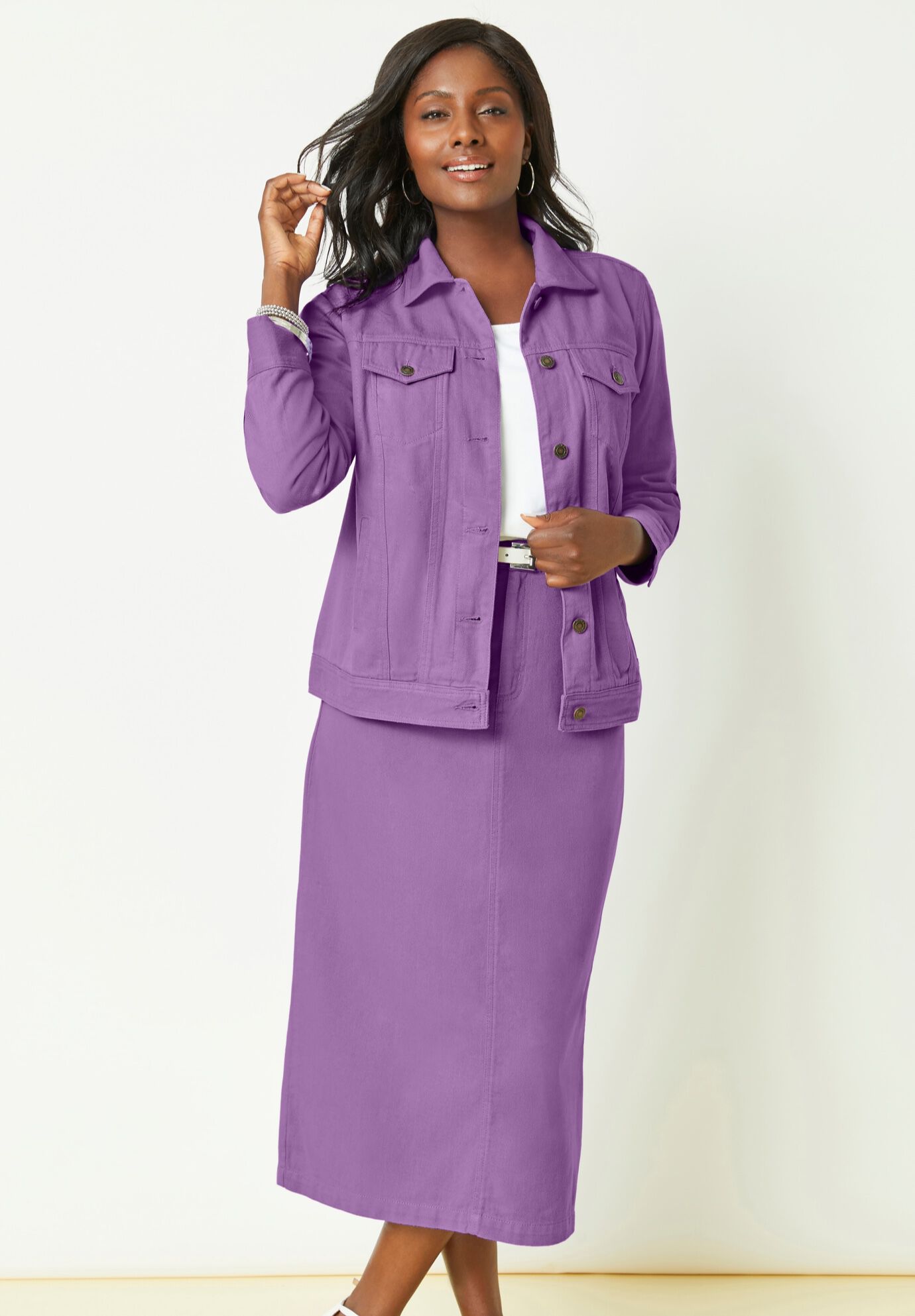 Classic Cotton Denim Midi Skirt, , alternate image number 3