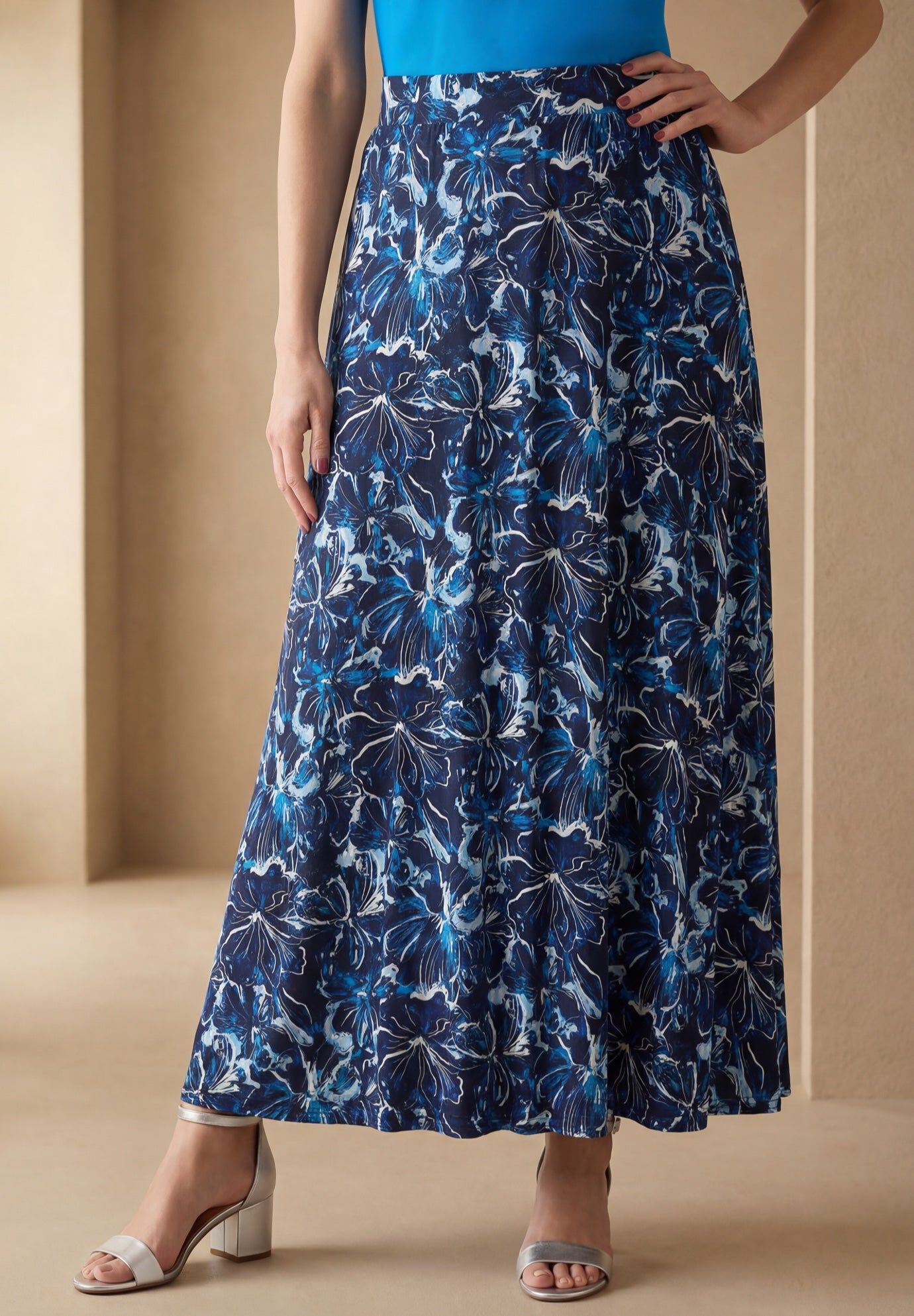 Everyday Stretch Knit Maxi Skirt, NAVY OCEAN FLORAL, hi-res image number 0