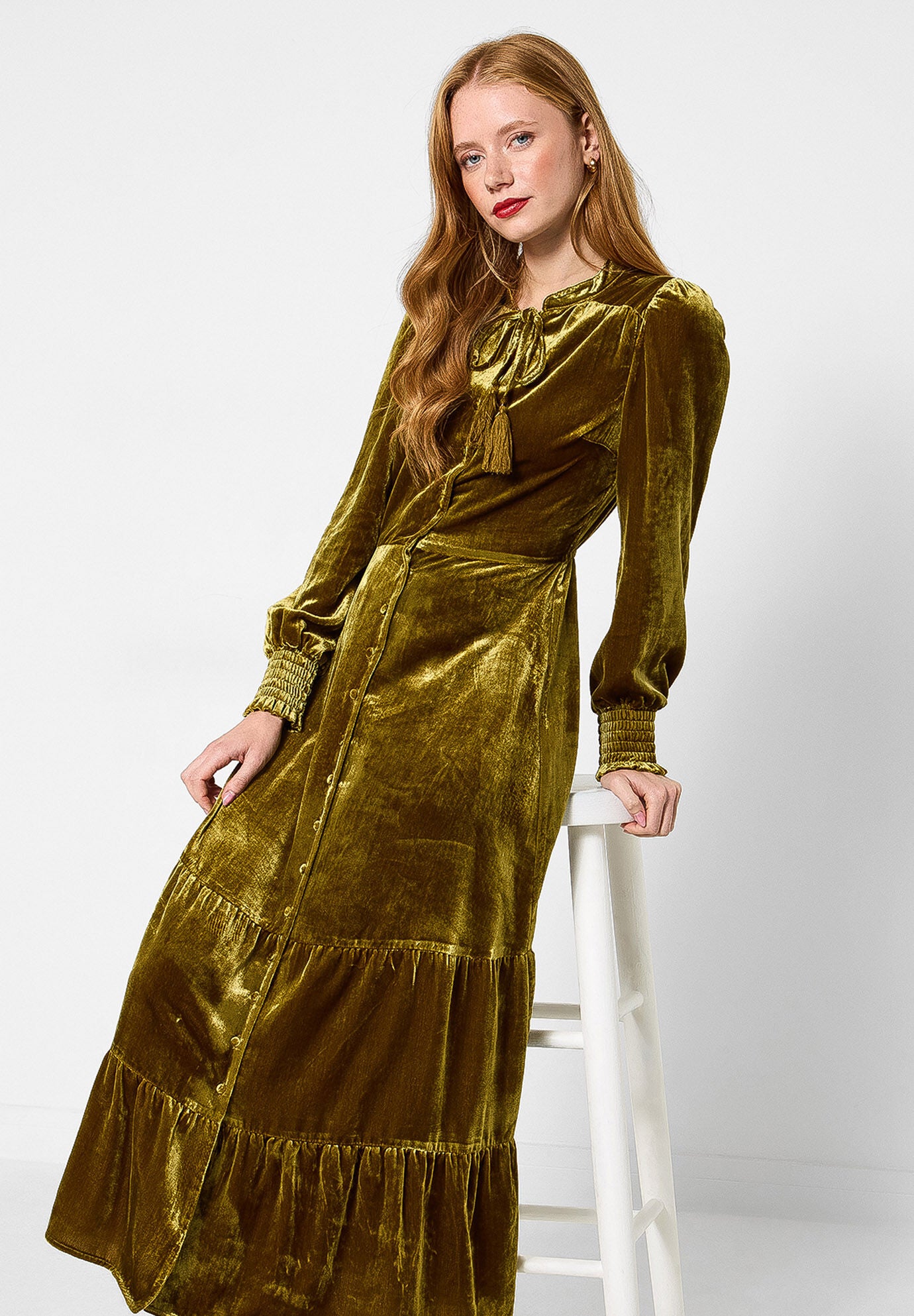 Tiered Velvet Tie Neck Dress, CHARTREUSE, on-hover image number 1