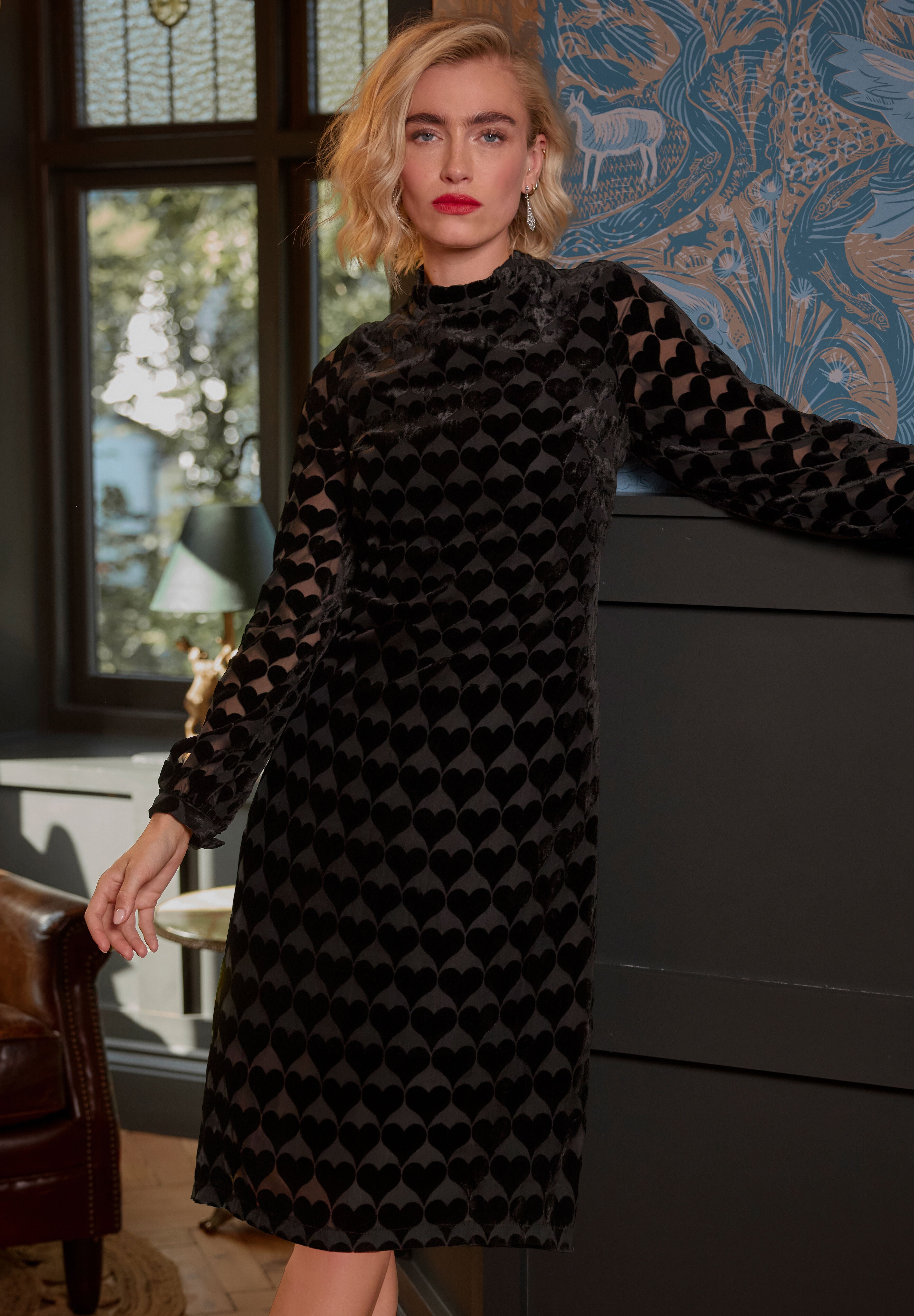 Burnout Velvet Shift Dress, BLACK HEARTS, alternate image number 6