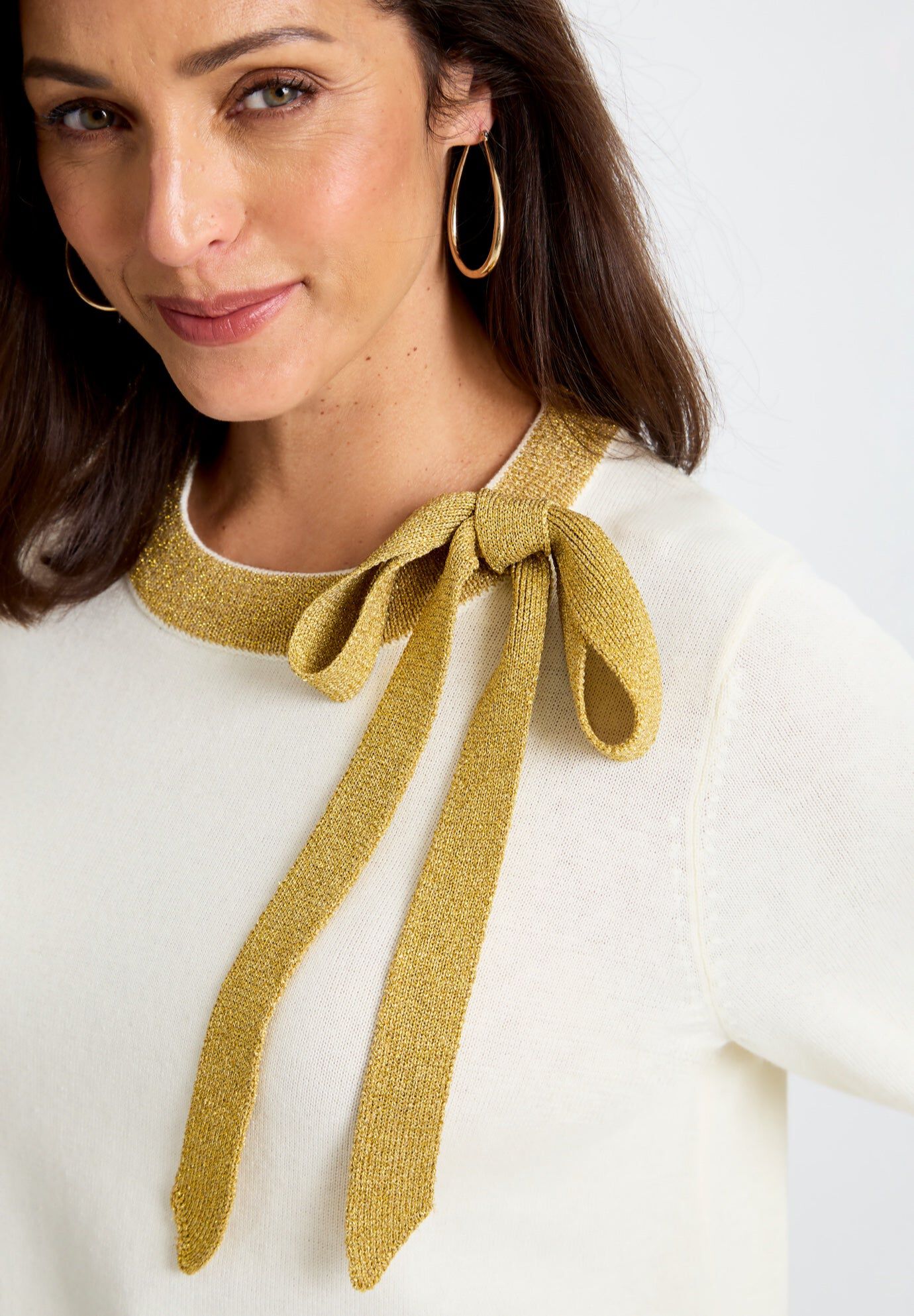 Tie-Neck Sweater, IVORY GOLD, hi-res image number 0