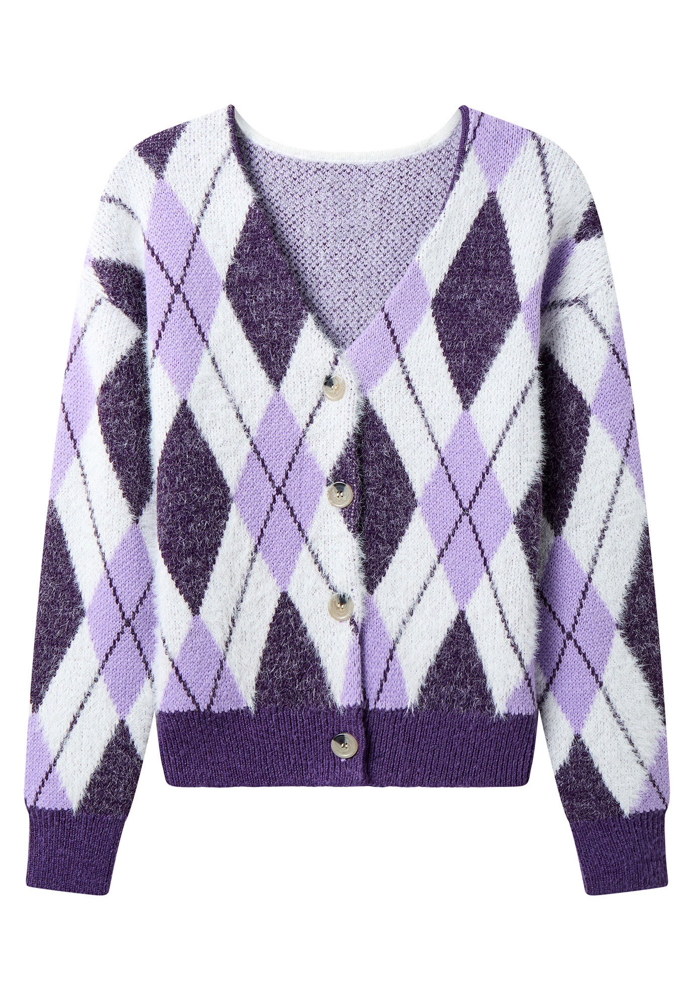 Fuzzy V-Neck Cardigan, VIOLET ARGYLE, alternate image number 3