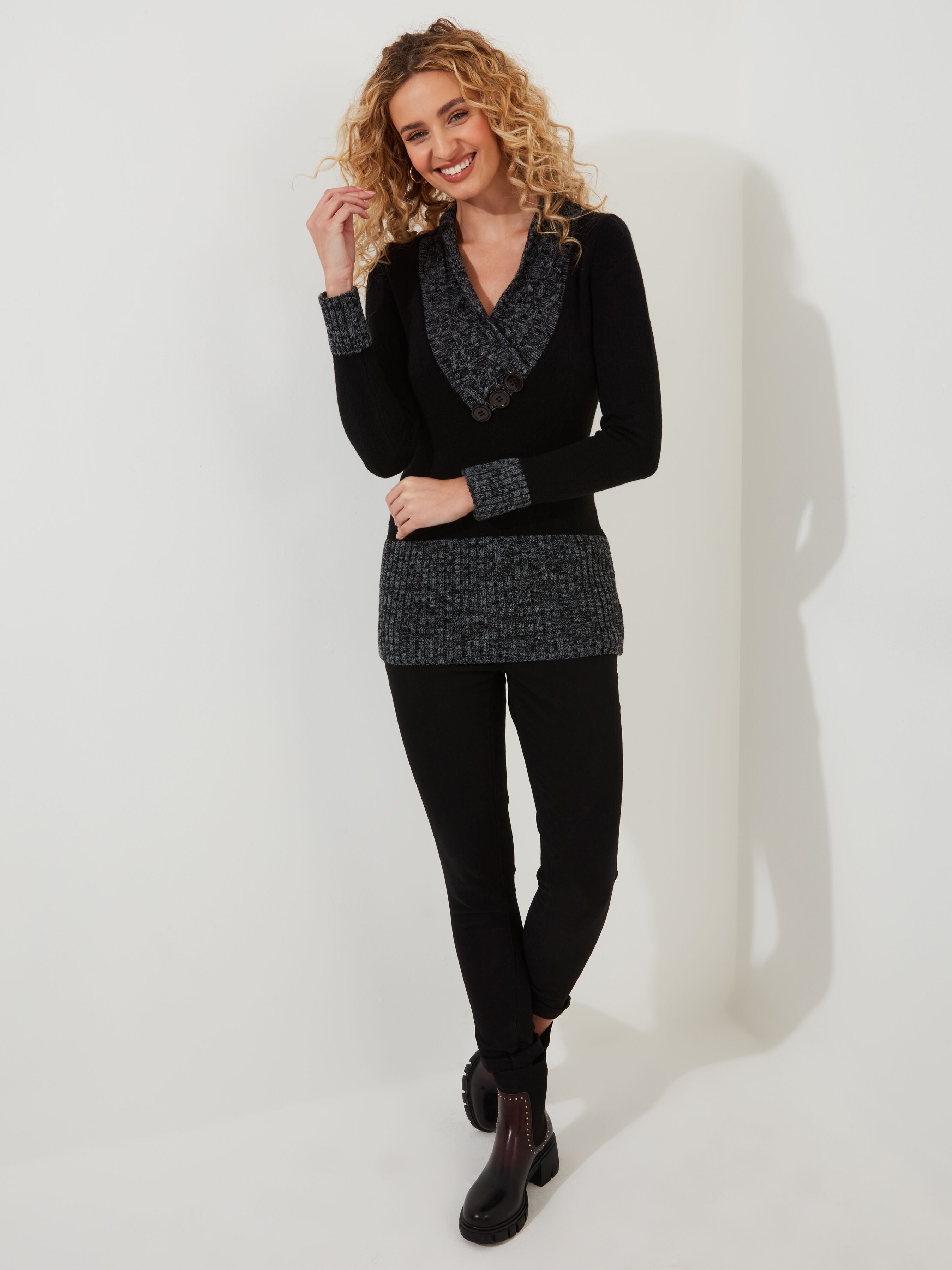 Button Cable Sweater, BLACK, alternate image number 2