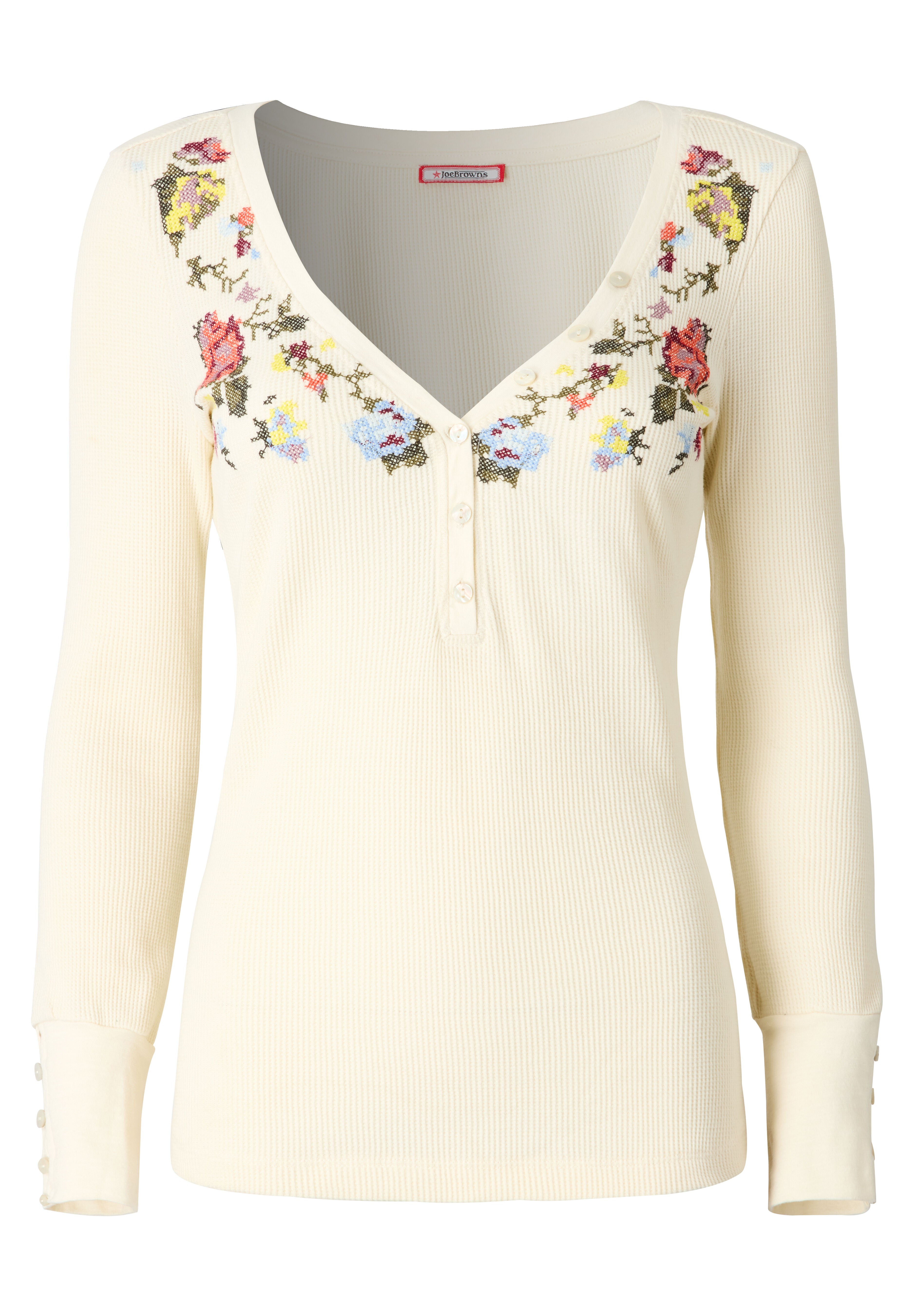 Stretch Cotton Henley Tee, CREAM FLORAL EMBROIDERY, alternate image number 3
