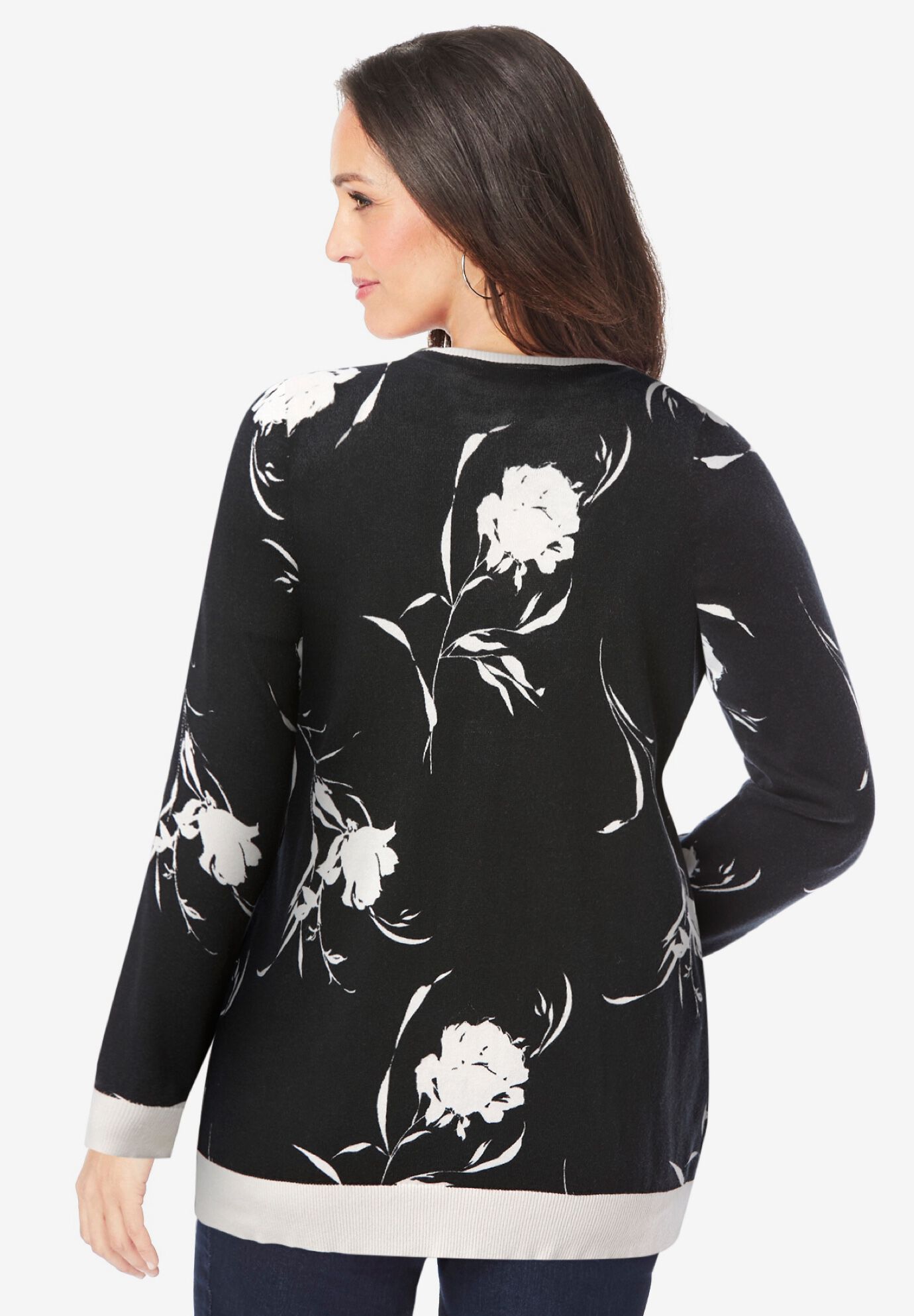 Fine Gauge Cardigan, IVORY BOLD ROSE, on-hover image number 1