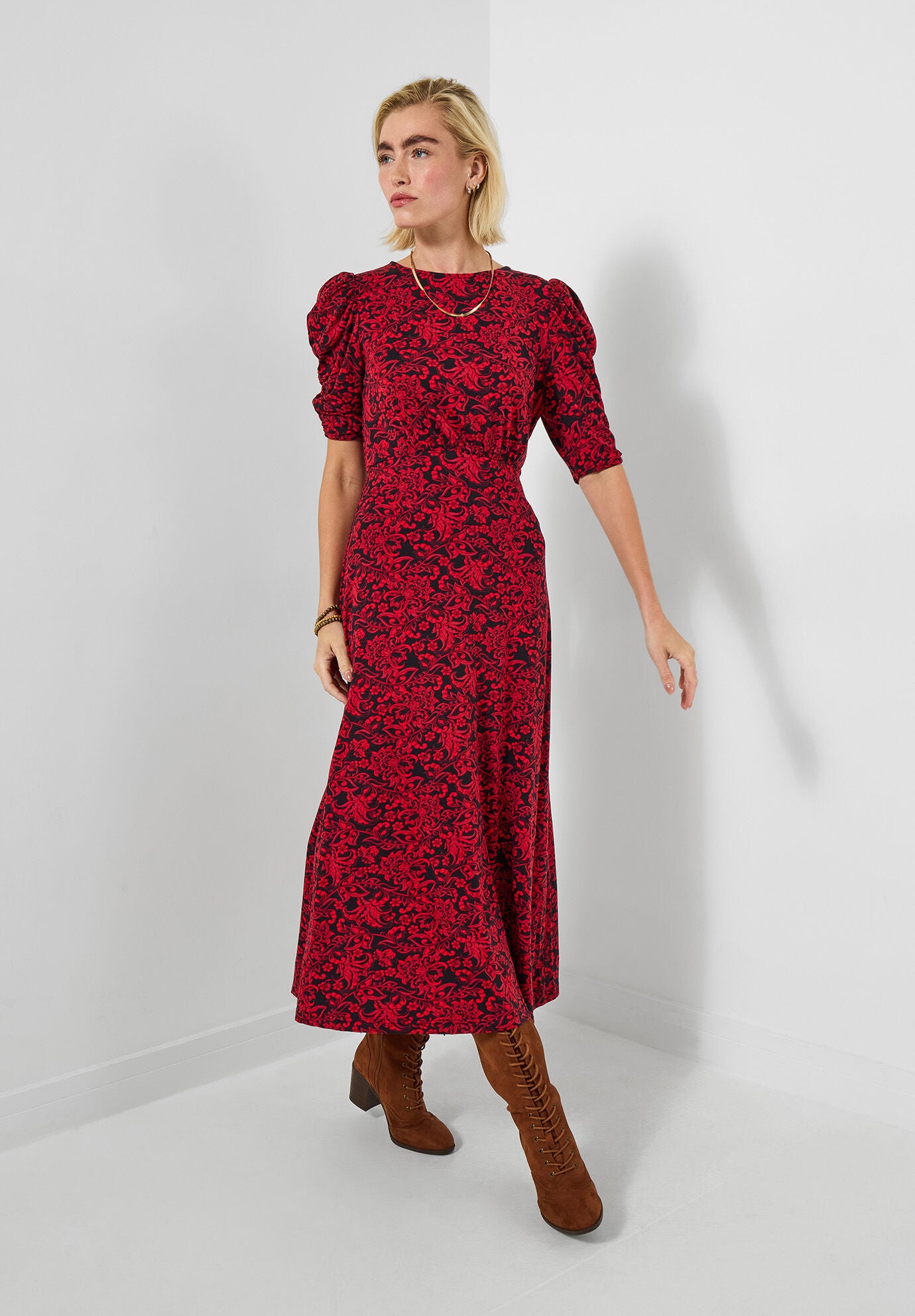 Puff Sleeve Midi Dress, RED SCROLL PAISLEY, hi-res image number 0