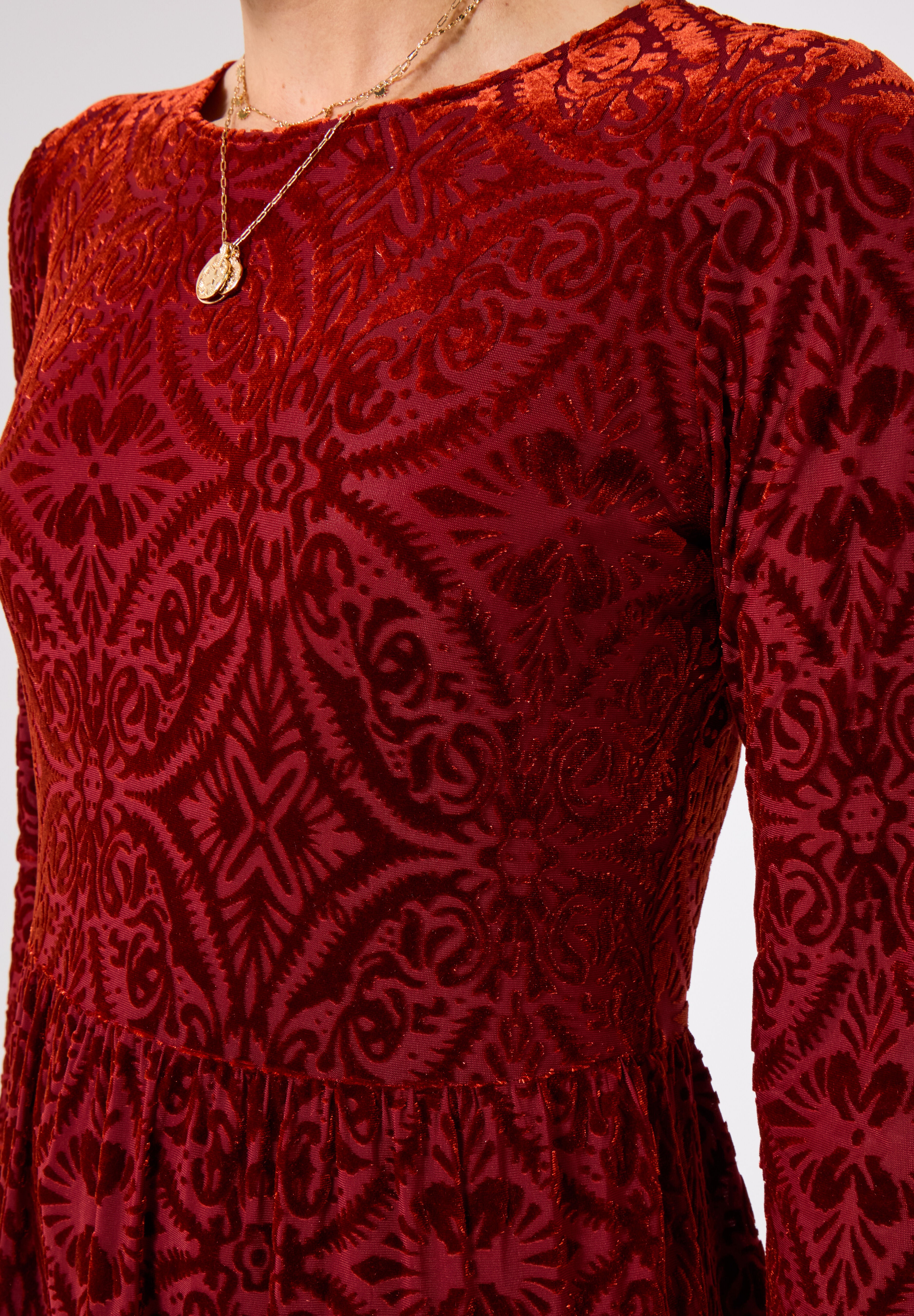 Burnout Velvet Tiered Long Tunic, BURNT ORANGE BURNOUT, alternate image number 2