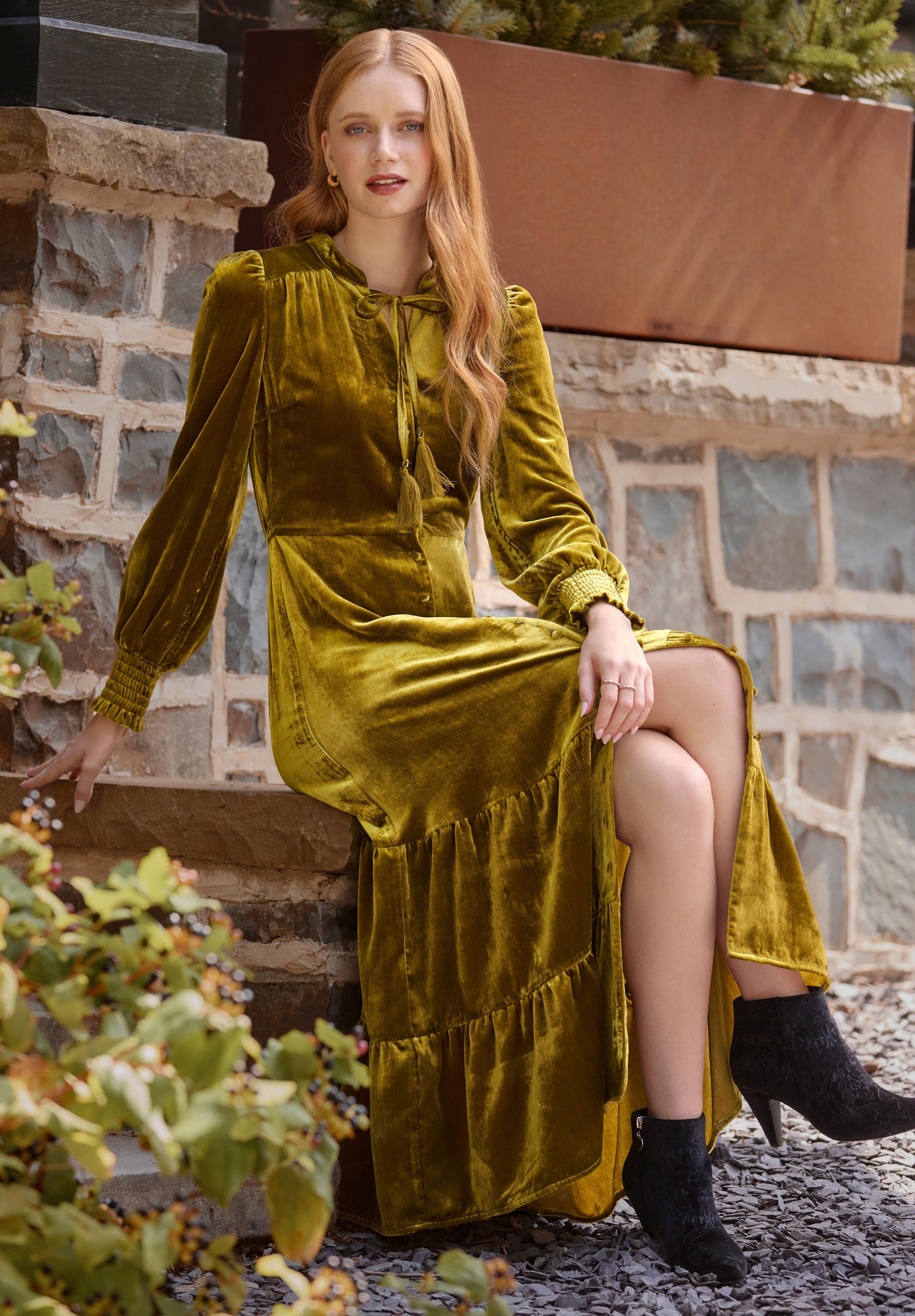 Tiered Velvet Tie Neck Dress, CHARTREUSE, alternate image number 7