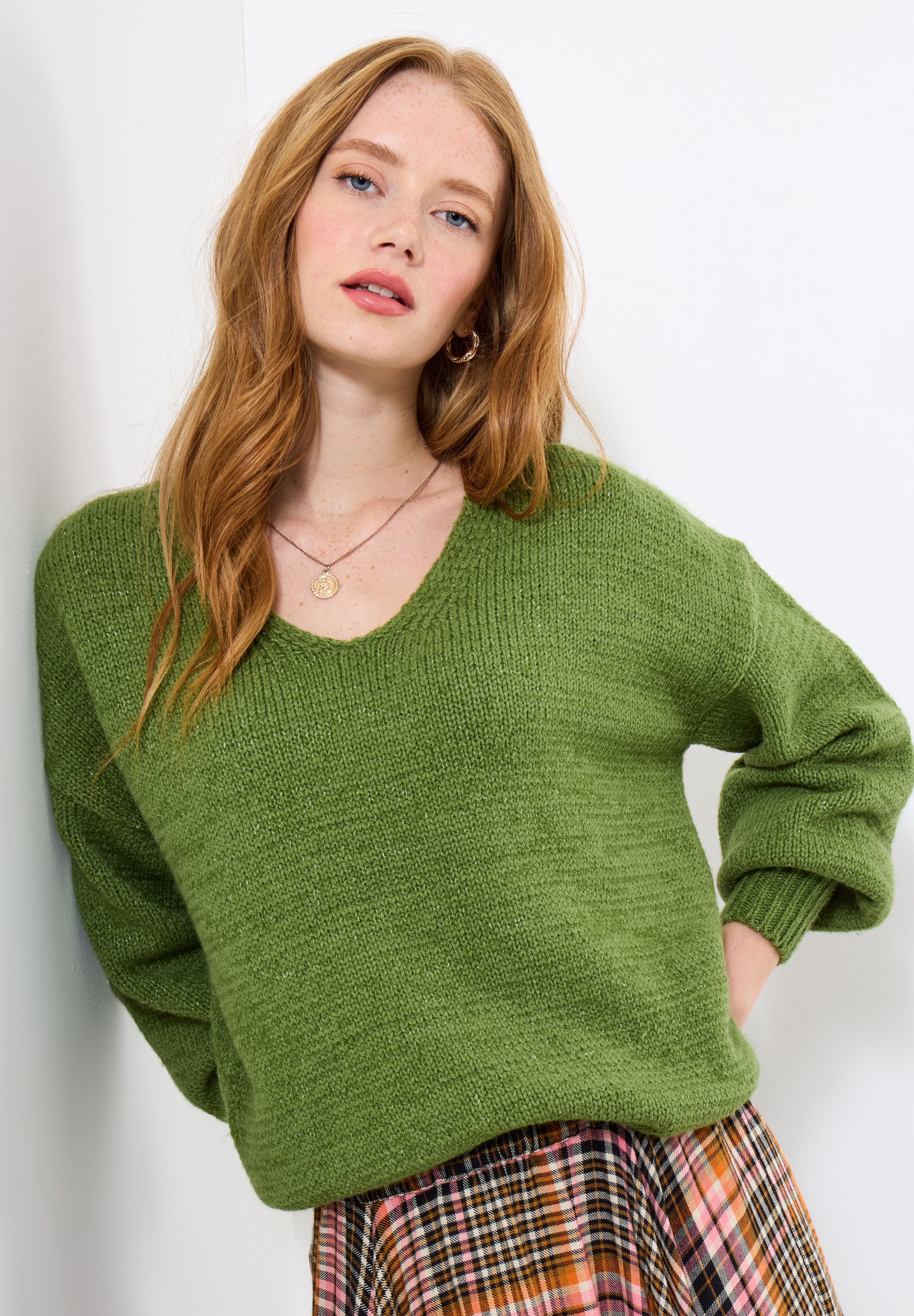 Cozy V-Neck Pullover Sweater, MOSS, hi-res image number 0