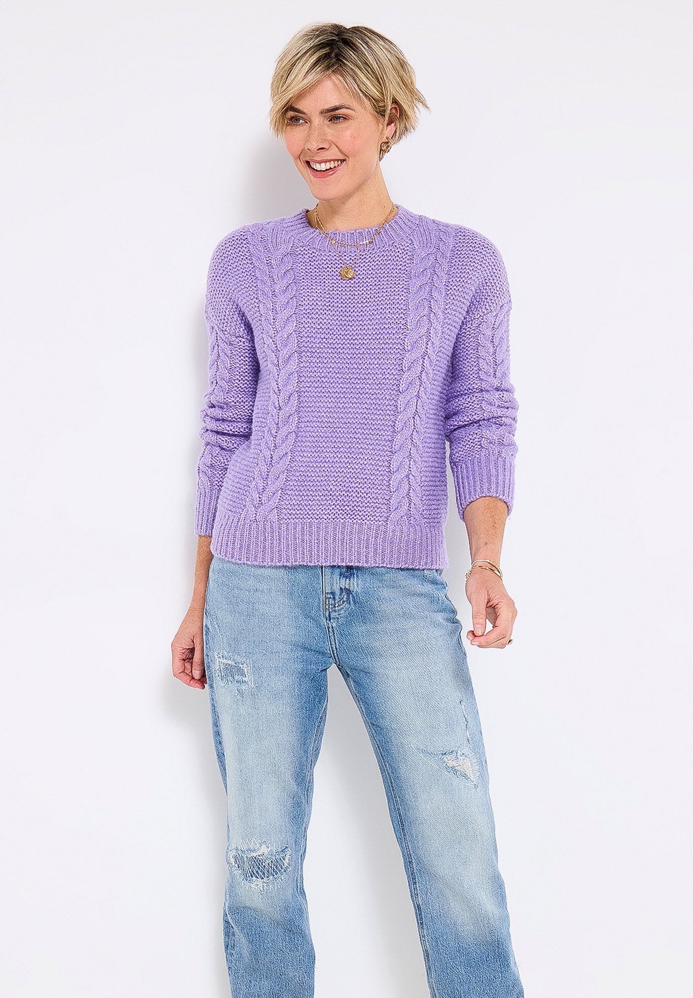 Chunky Cable Pullover, LILAC, alternate image number 3