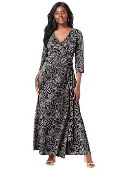 Stretch Knit Faux Wrap Maxi Dress