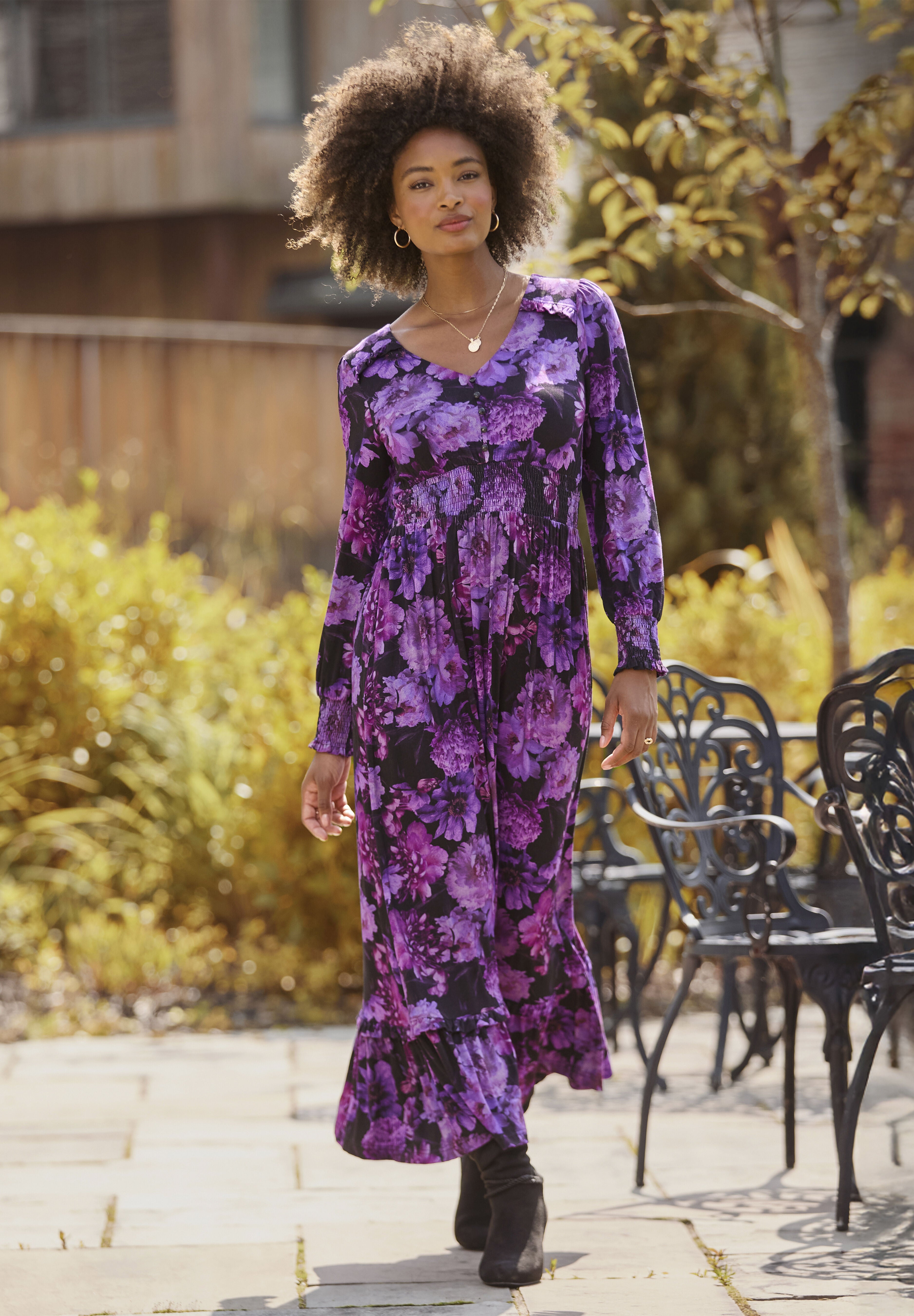 Stretch Knit Peasant Maxi Dress, PURPLE BLOSSOM, alternate image number 5