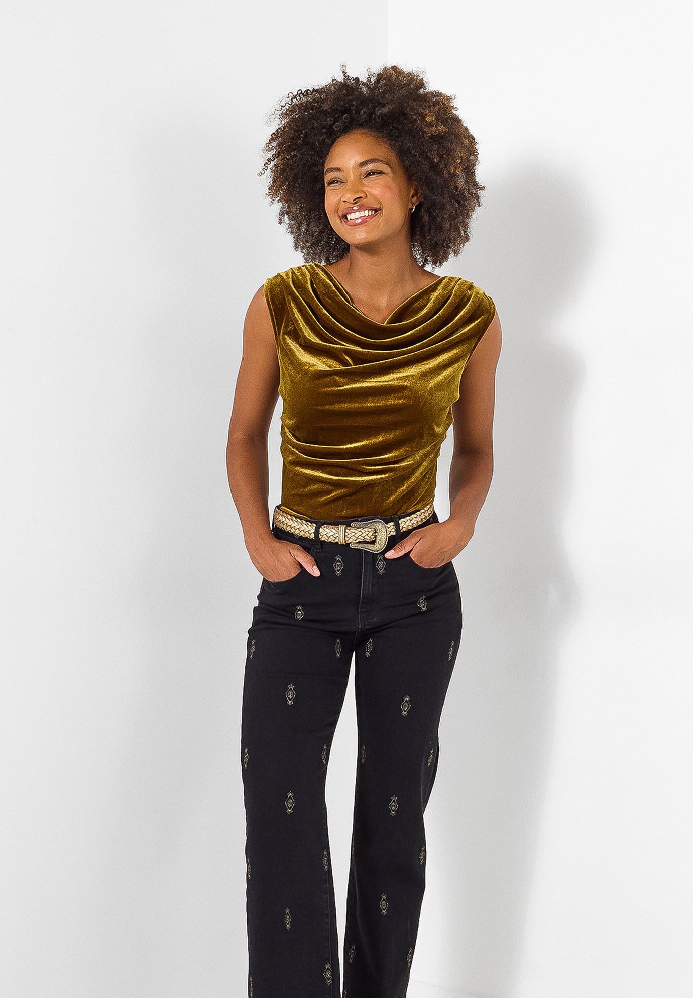 Velvet Cowlneck Top, CHARTREUSE, on-hover image number 1