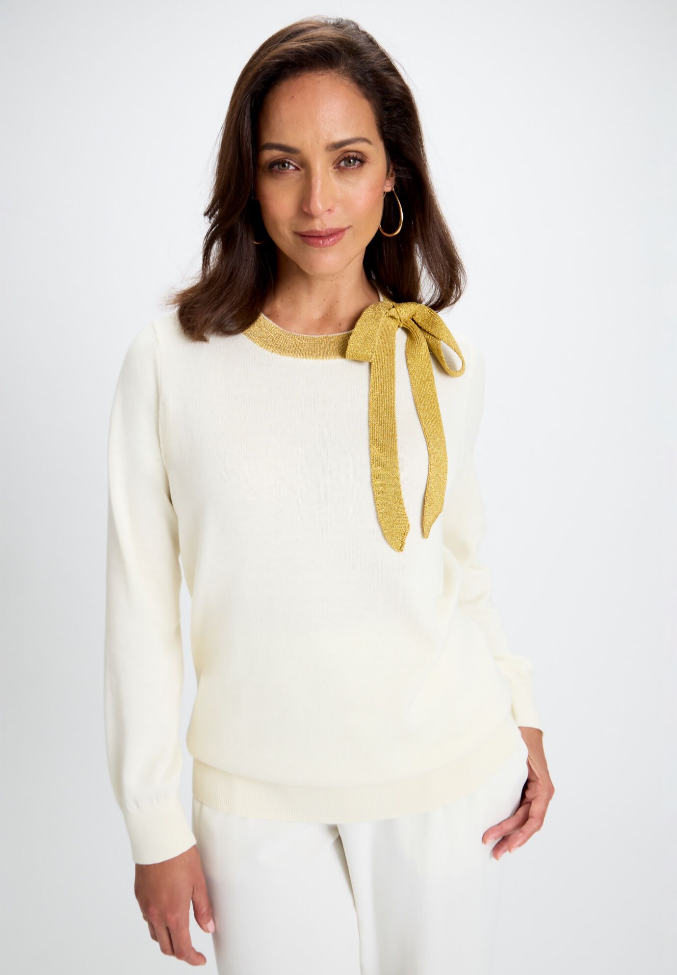 Tie-Neck Sweater, IVORY GOLD, on-hover image number 1