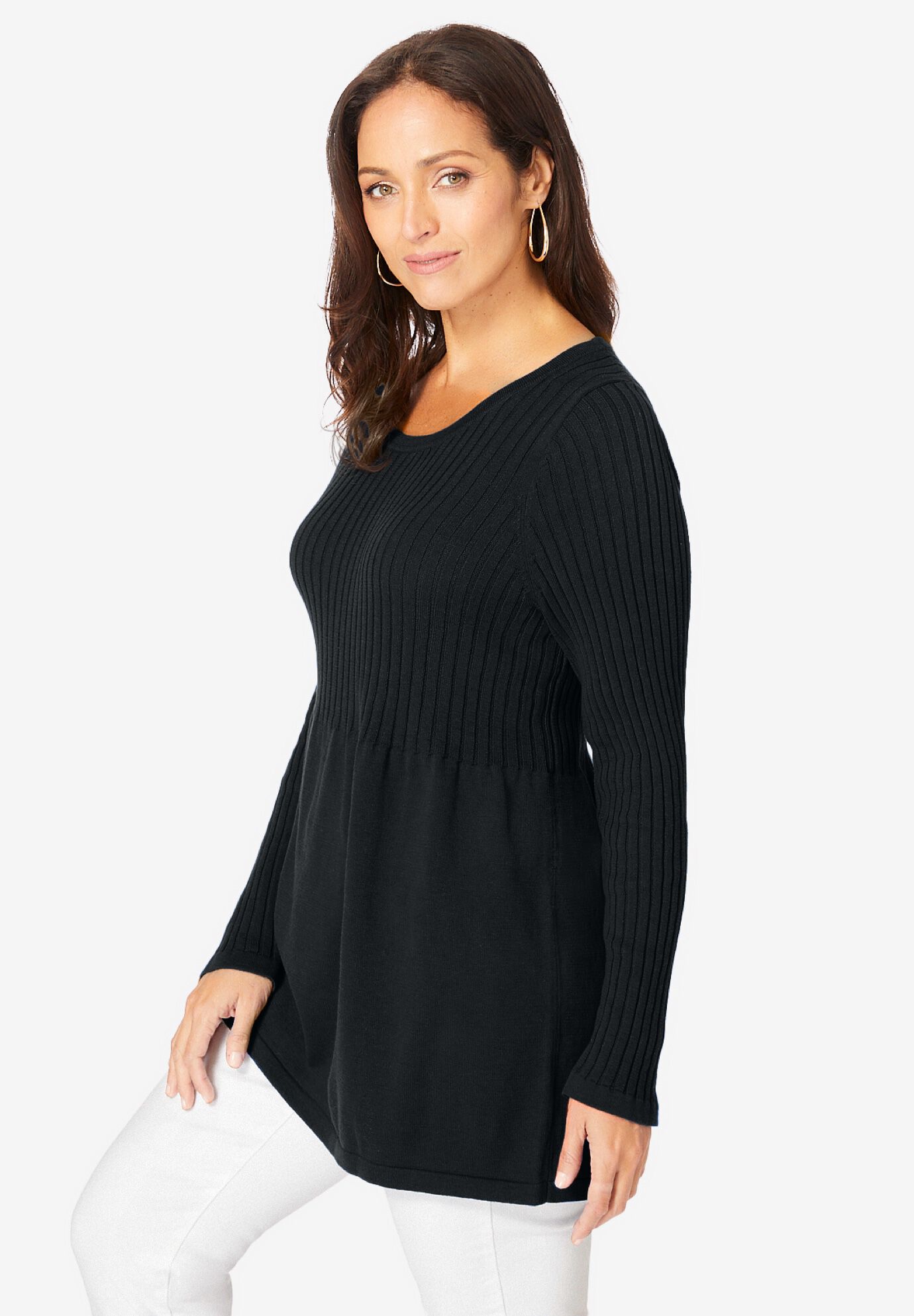 Ribbed Baby Doll Tunic Sweater, BLACK, alternate image number 2