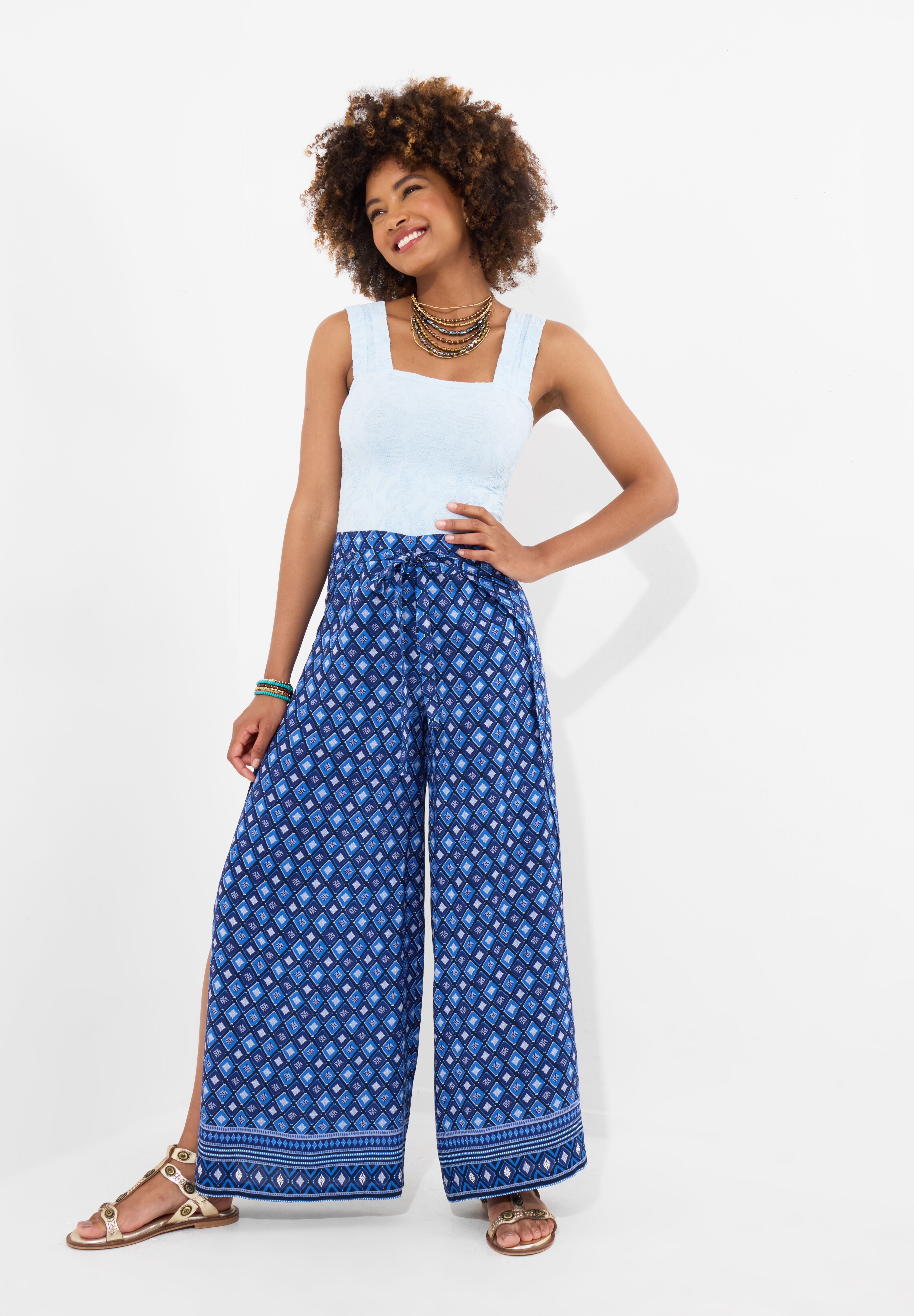Wide Leg Tie-Front Pants, BLUE GEO MEDALLION, hi-res image number 0