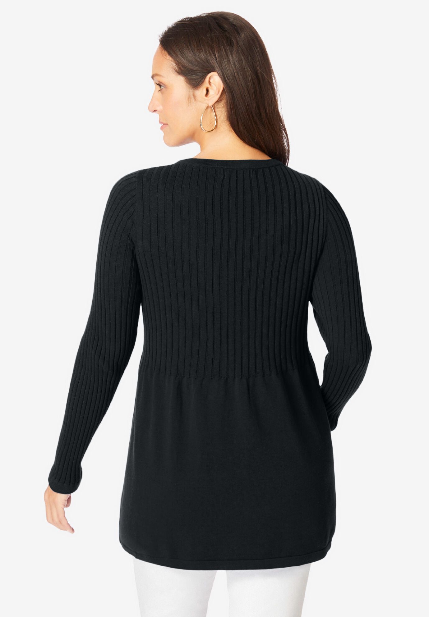 Ribbed Baby Doll Tunic Sweater, BLACK, on-hover image number 1
