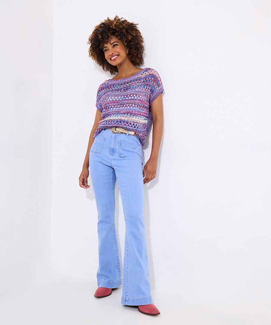 Short Sleeve Pointelle Sweater, MULTICOLOR STRIPE, alternate image number 4
