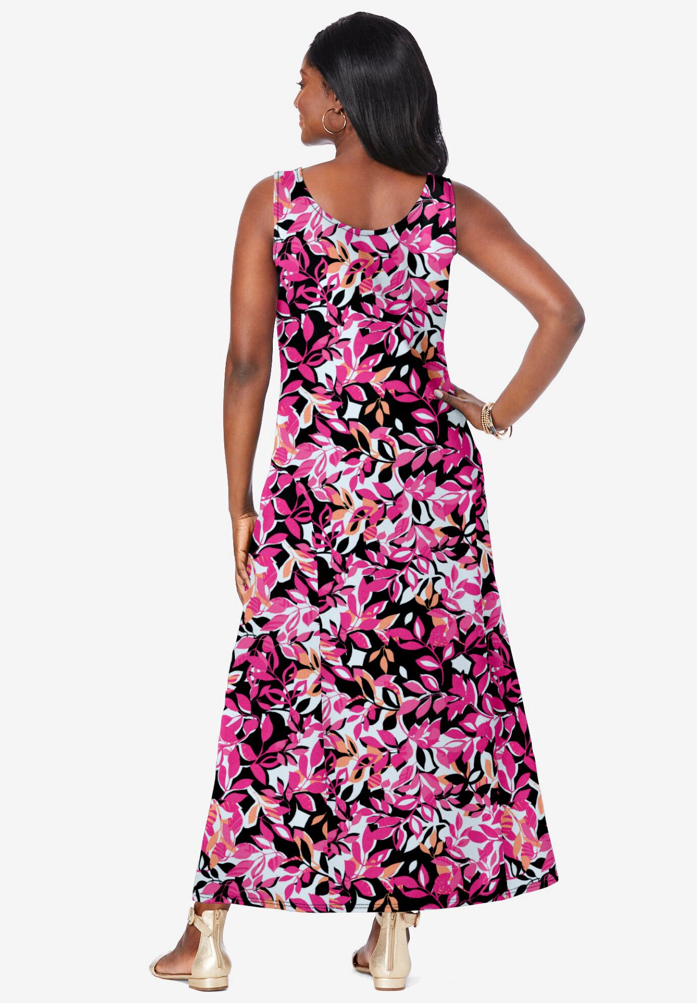 Stretch Cotton Tank Maxi Dress, TEA ROSE GRAPHIC LEAVES, on-hover image number 1
