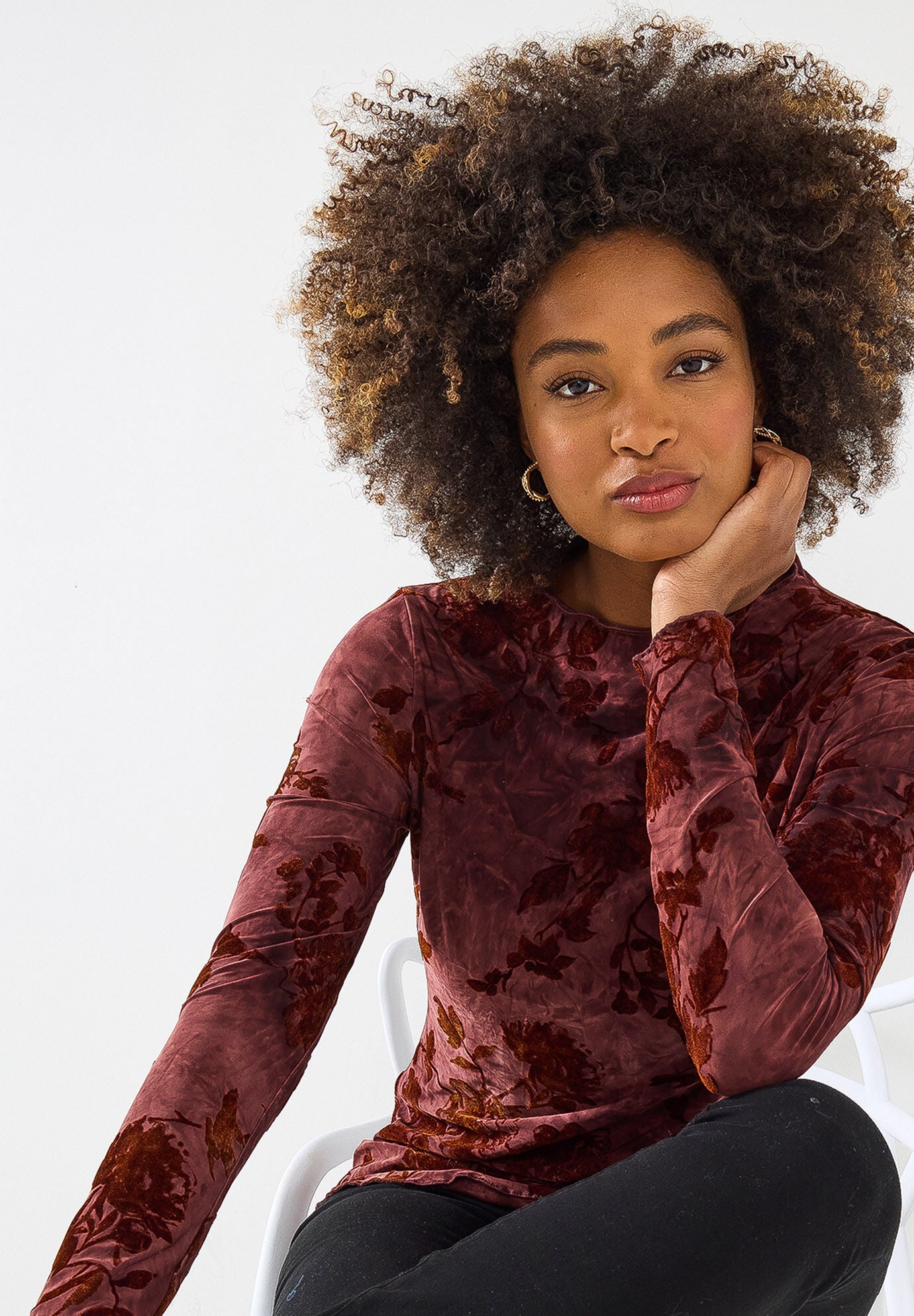 Burnout Mock Neck Tee, MAHOGANY VINES, hi-res image number 0