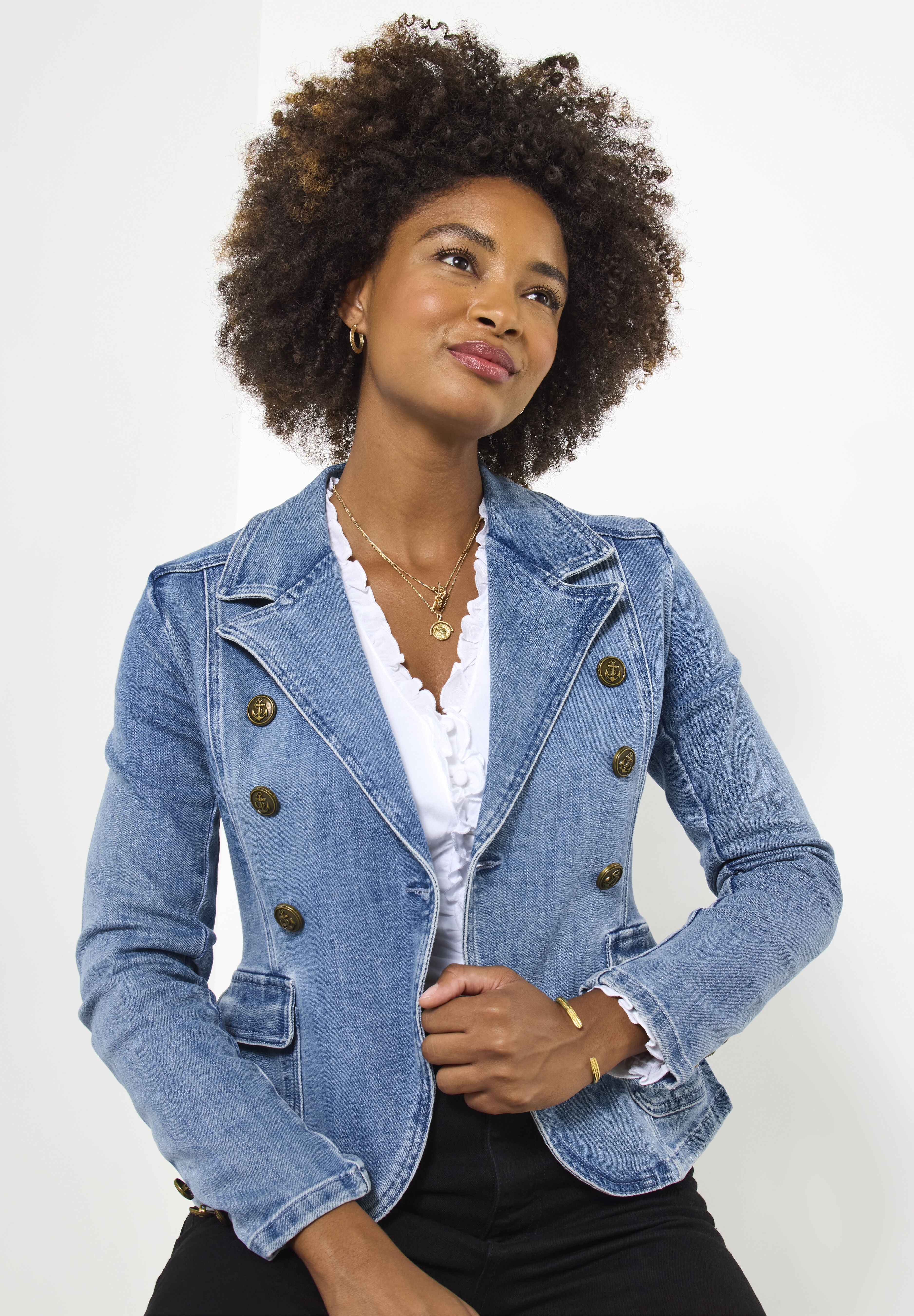 Double Breasted Denim Blazer, LIGHT BLUE, hi-res image number 0