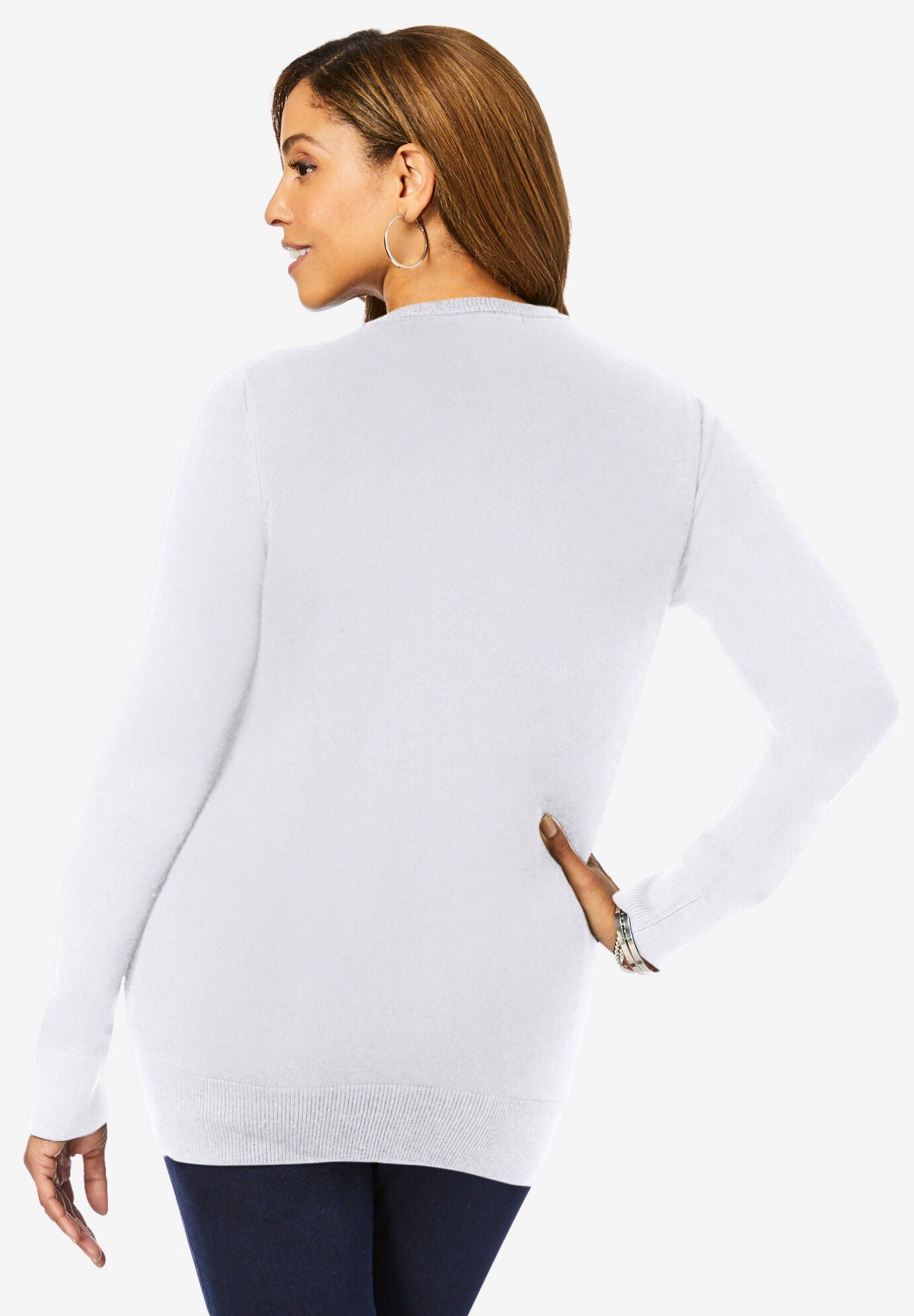 Fine Gauge Button-Front Cardigan, WHITE, on-hover image number 1