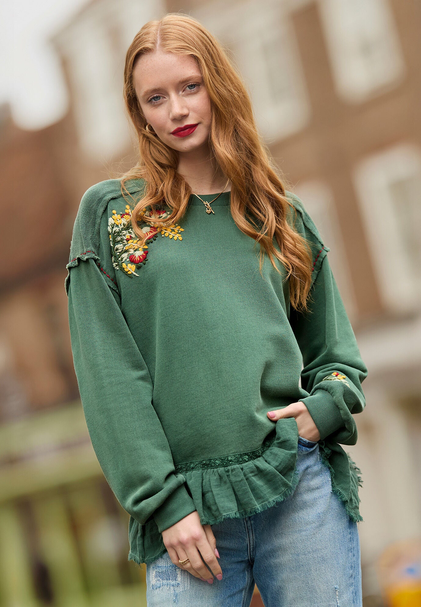 Peplum Sweatshirt, GREEN GARDEN EMBROIDERY, alternate image number 5