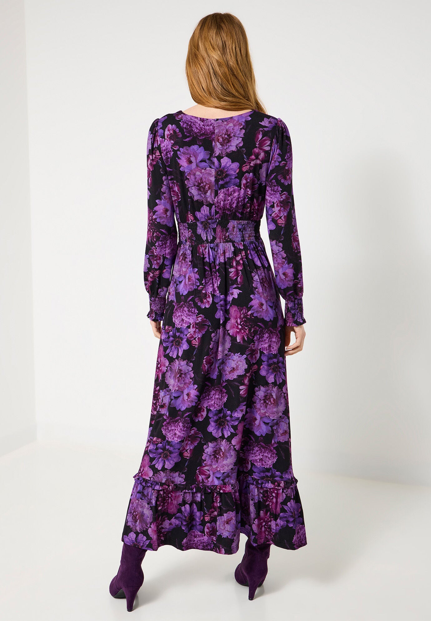 Stretch Knit Peasant Maxi Dress, PURPLE BLOSSOM, on-hover image number 1