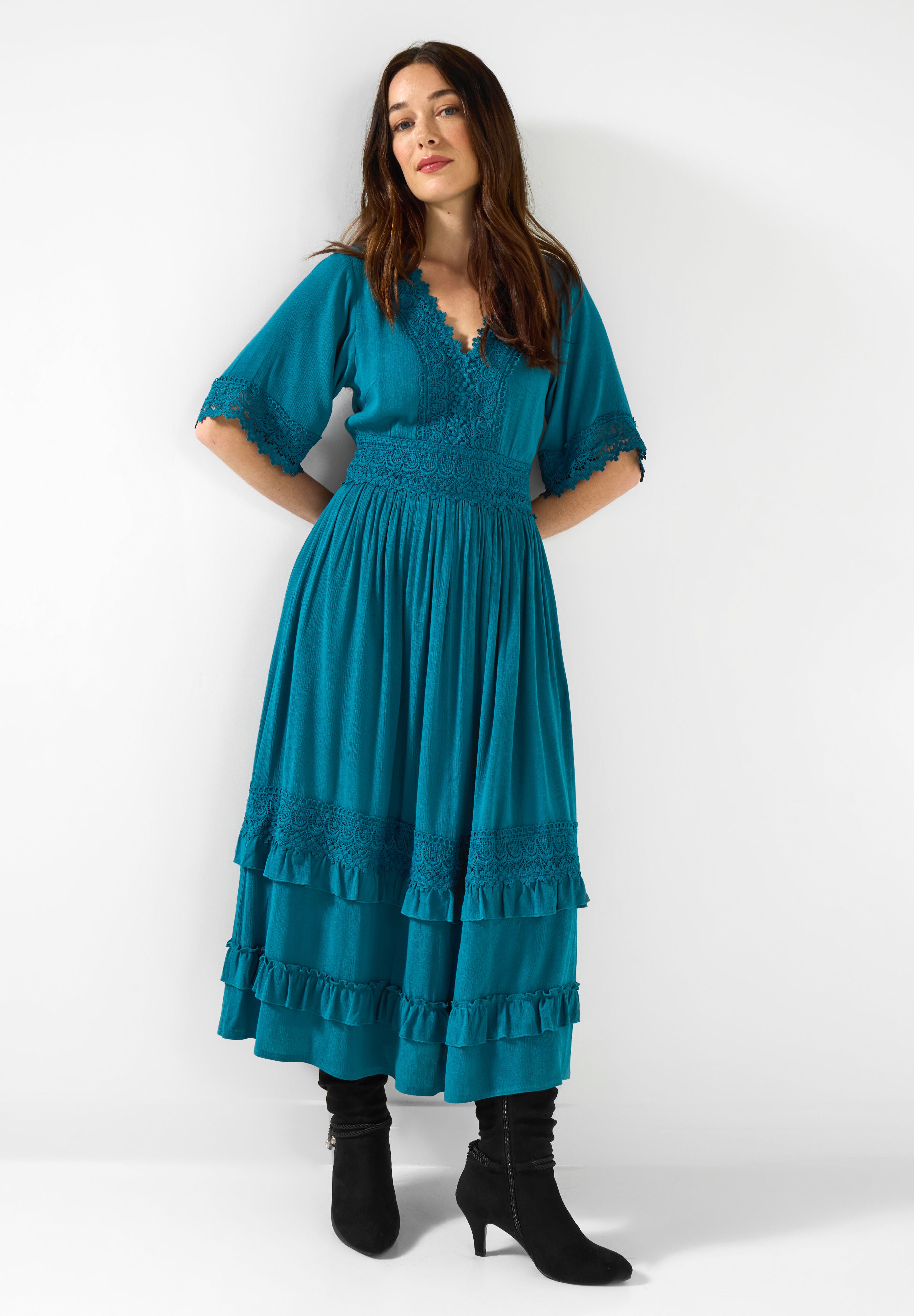 Crochet Trim Boho Midi Dress, TEAL, hi-res image number 0