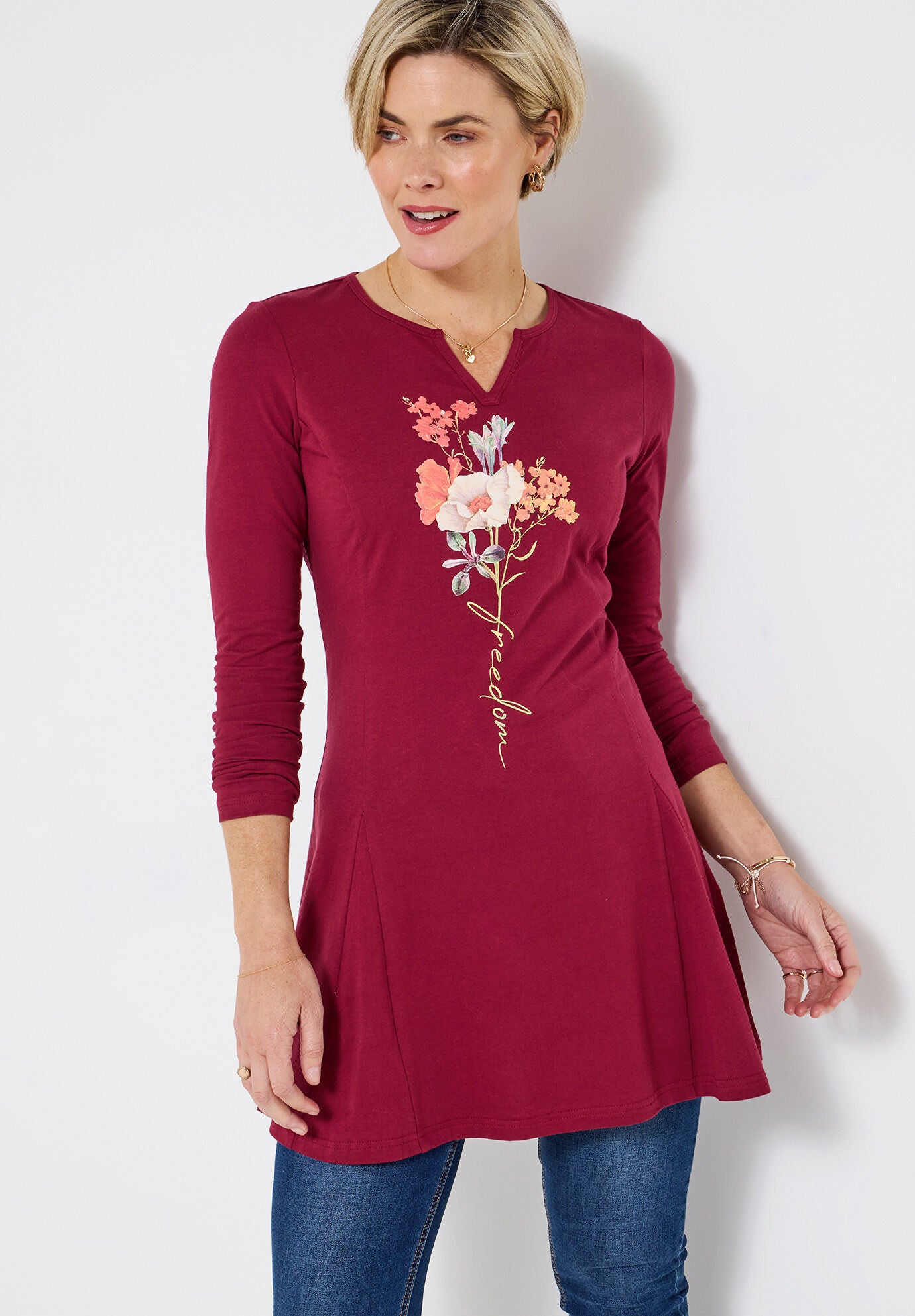Stretch Knit Pleat Tunic, FREEDOM FLOWER, hi-res image number 0