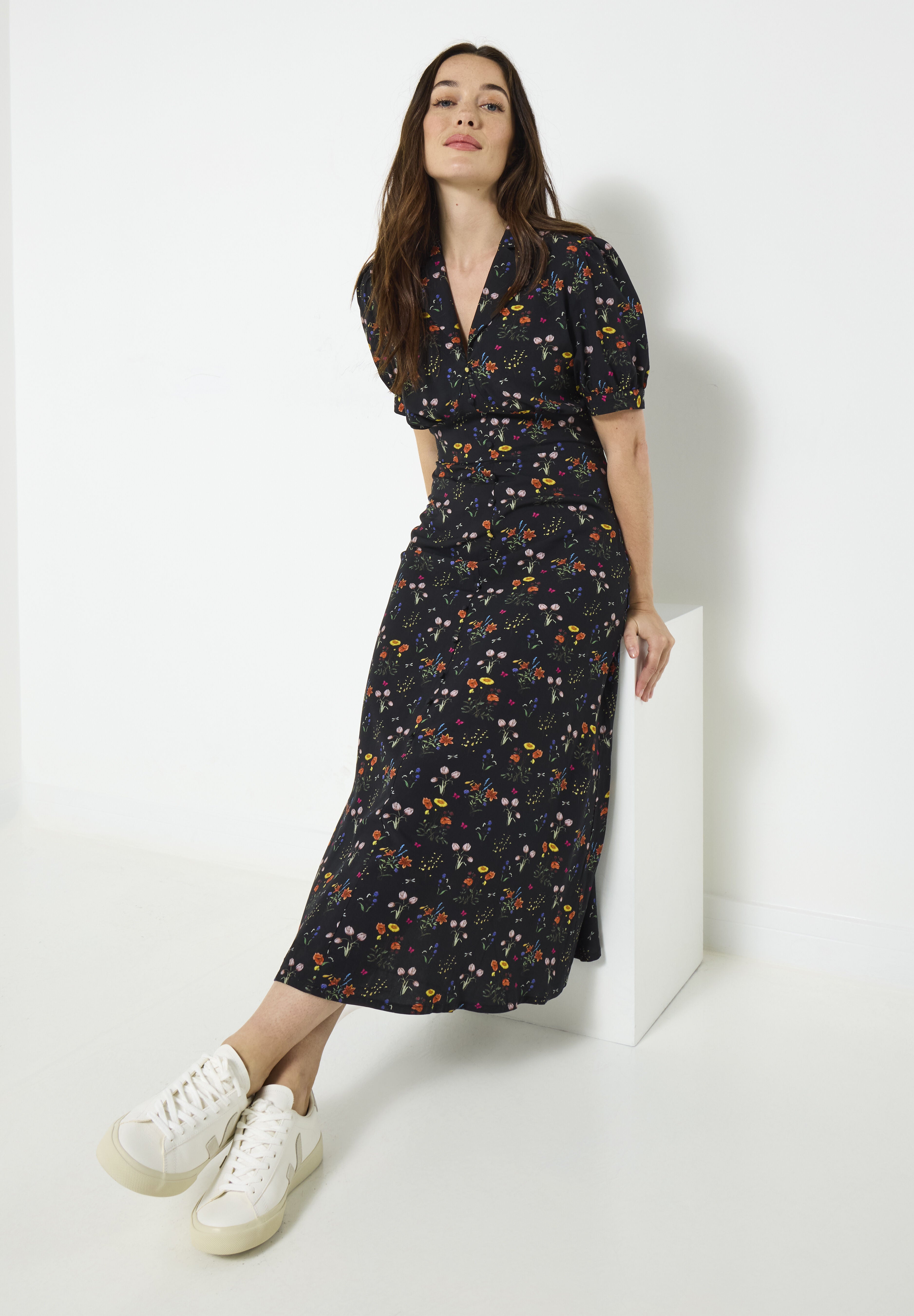 Vintage Midi Dress, BLACK MINI GARDEN, hi-res image number 0