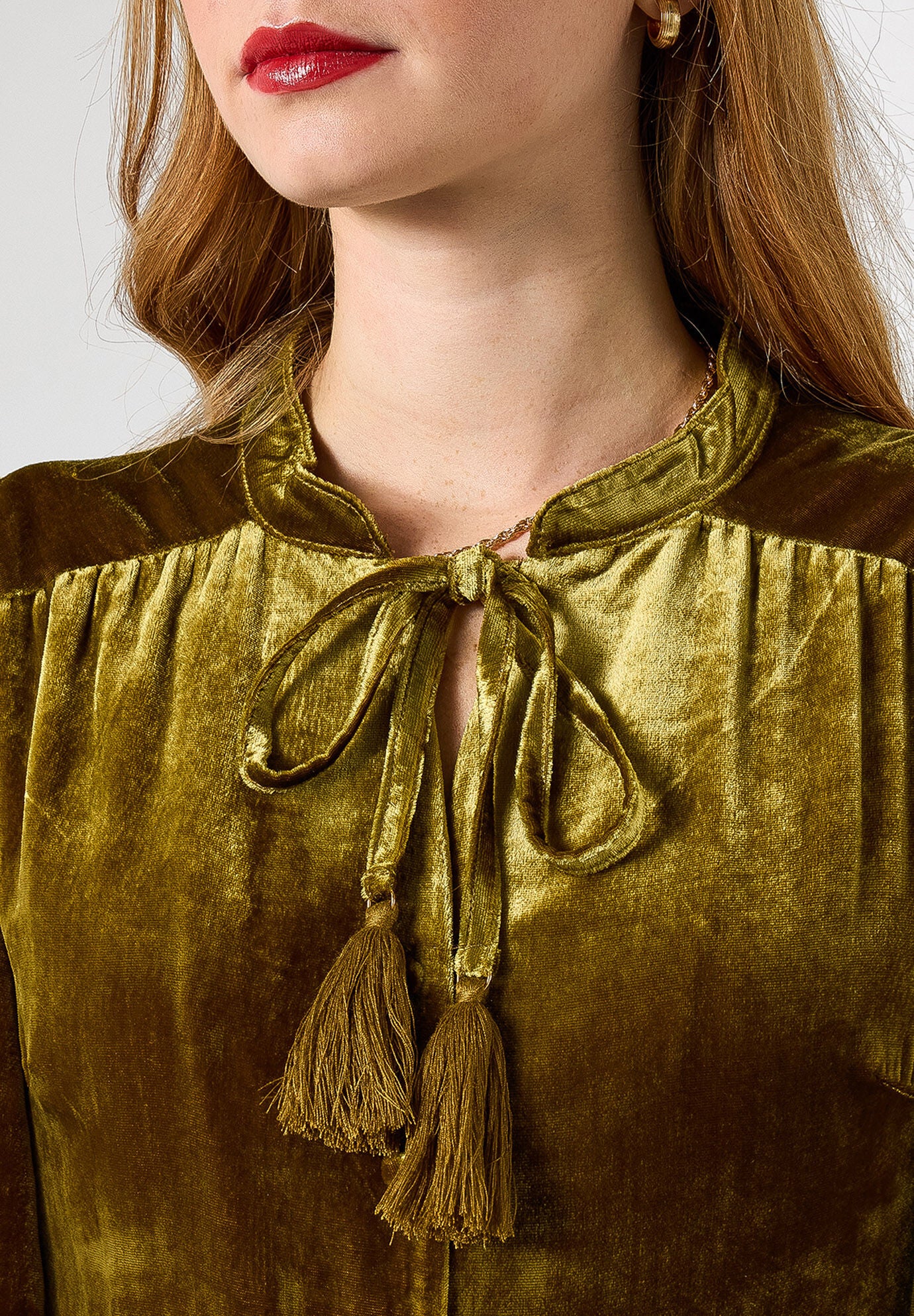 Tiered Velvet Tie Neck Dress, CHARTREUSE, alternate image number 3