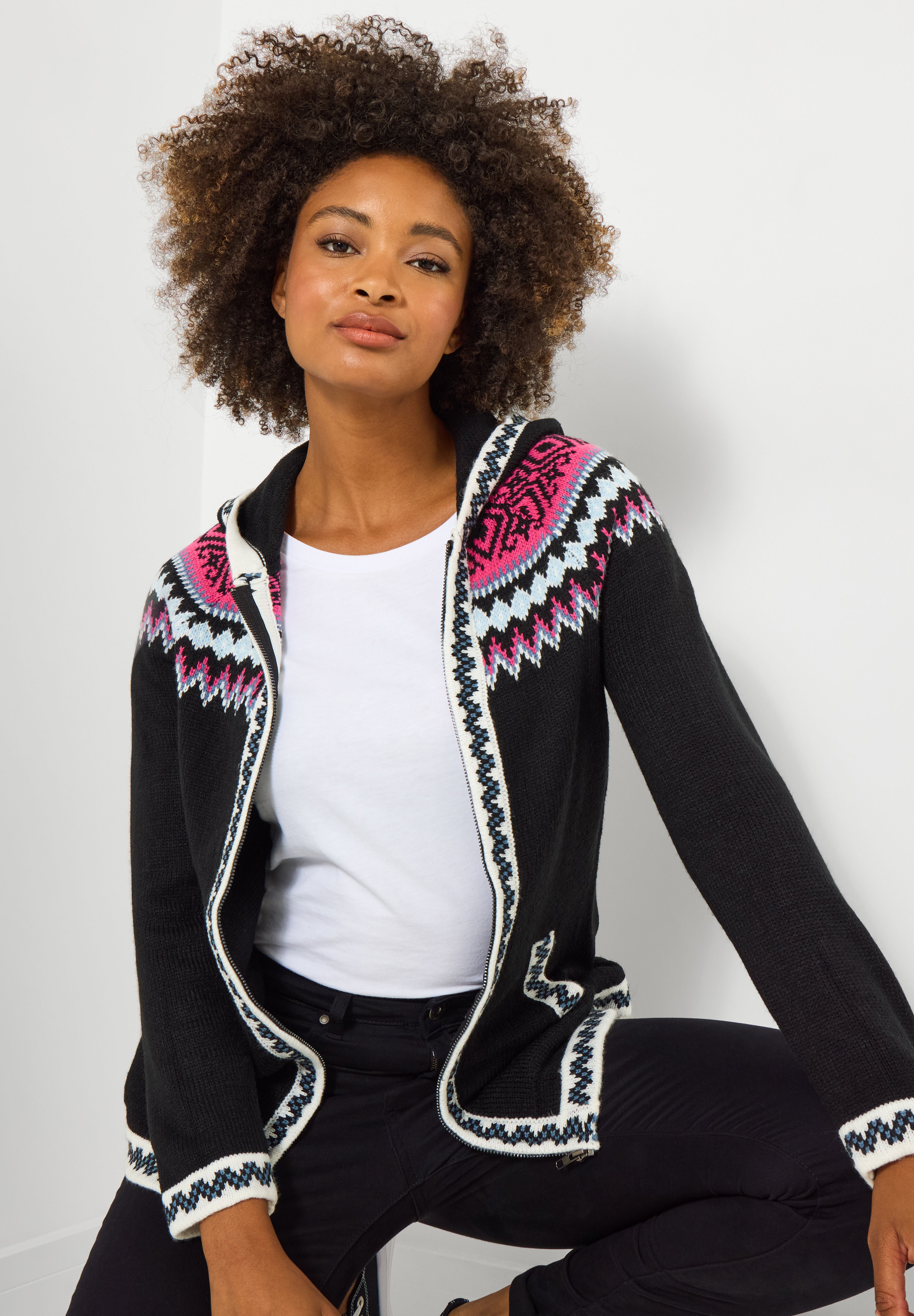 Fair Isle Drawstring V-Neck Zip Hoodie, BLACK FAIRISLE, on-hover image number 1