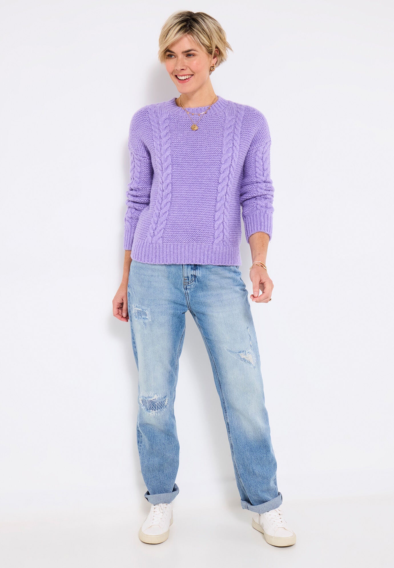 Chunky Cable Pullover, LILAC, alternate image number 3
