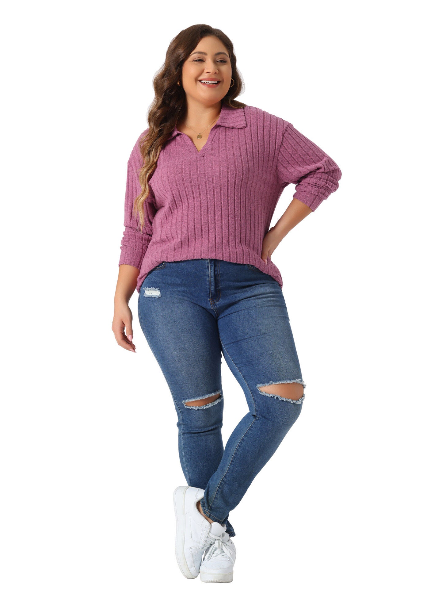 Loose Polo V Neck Long Sleeve Ribbed Knit Top, Fuchsia / Deep Fuchsia, hi-res image number 0