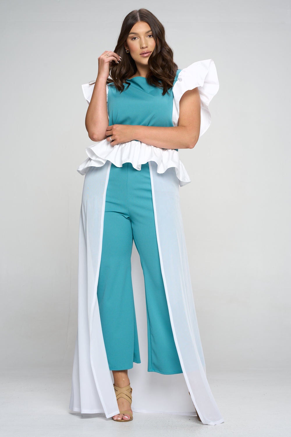 RUFFLED BABYDOLL PEPLUM TOP, Seafoam and White / Light Blue, alternate image number 3