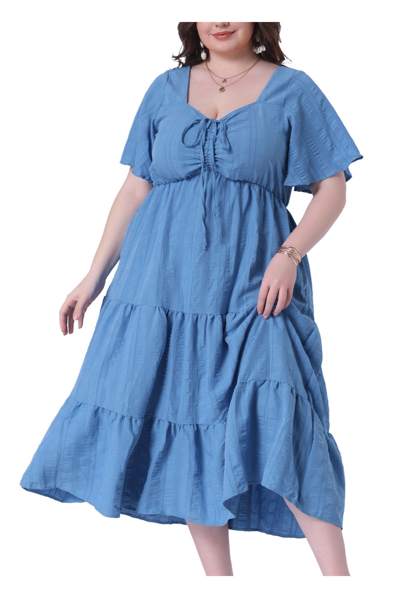 Short Sleeve Flowy A Line Tiered Long Dresses, Blue / Dusty Blue, alternate image number 2