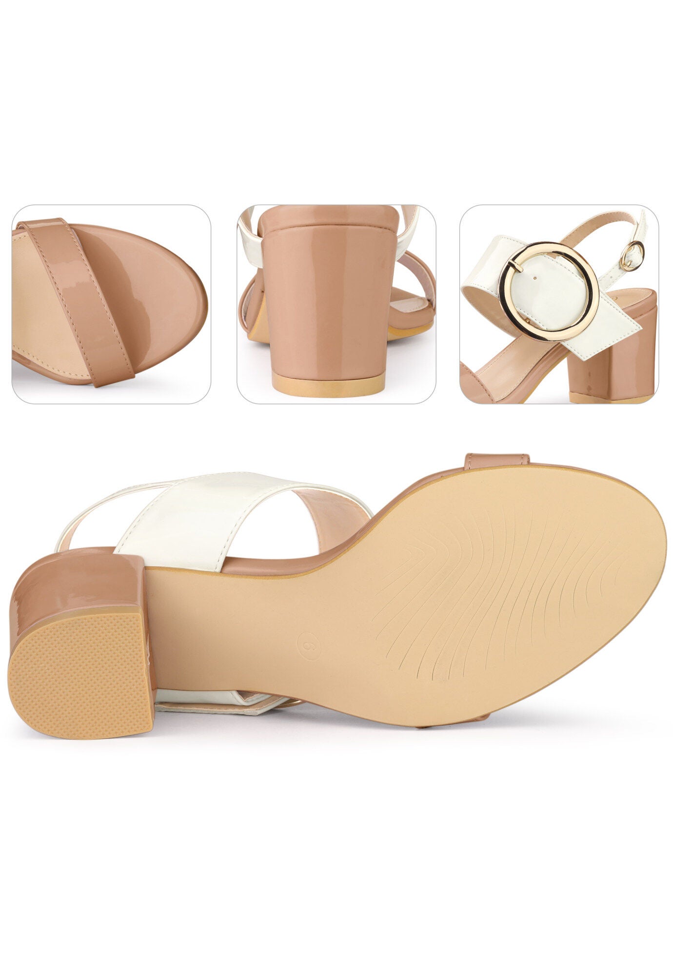 Slingback Buckle Two Straps Chunky Heel Sandals, Nude / Beige, alternate image number 2