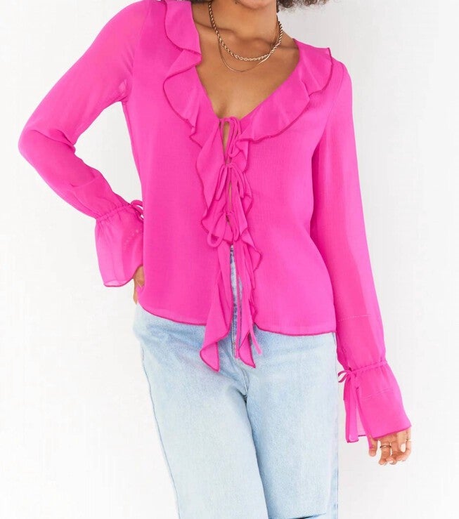 ADELA RUFFLE TOP IN PINK CRINKLED CHIFFON, Pink Crinkled Chiffon / Pink, hi-res image number 0