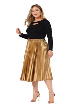 Elastic High Waist Metallic Shiny Accordion Pleated Midi Skirt