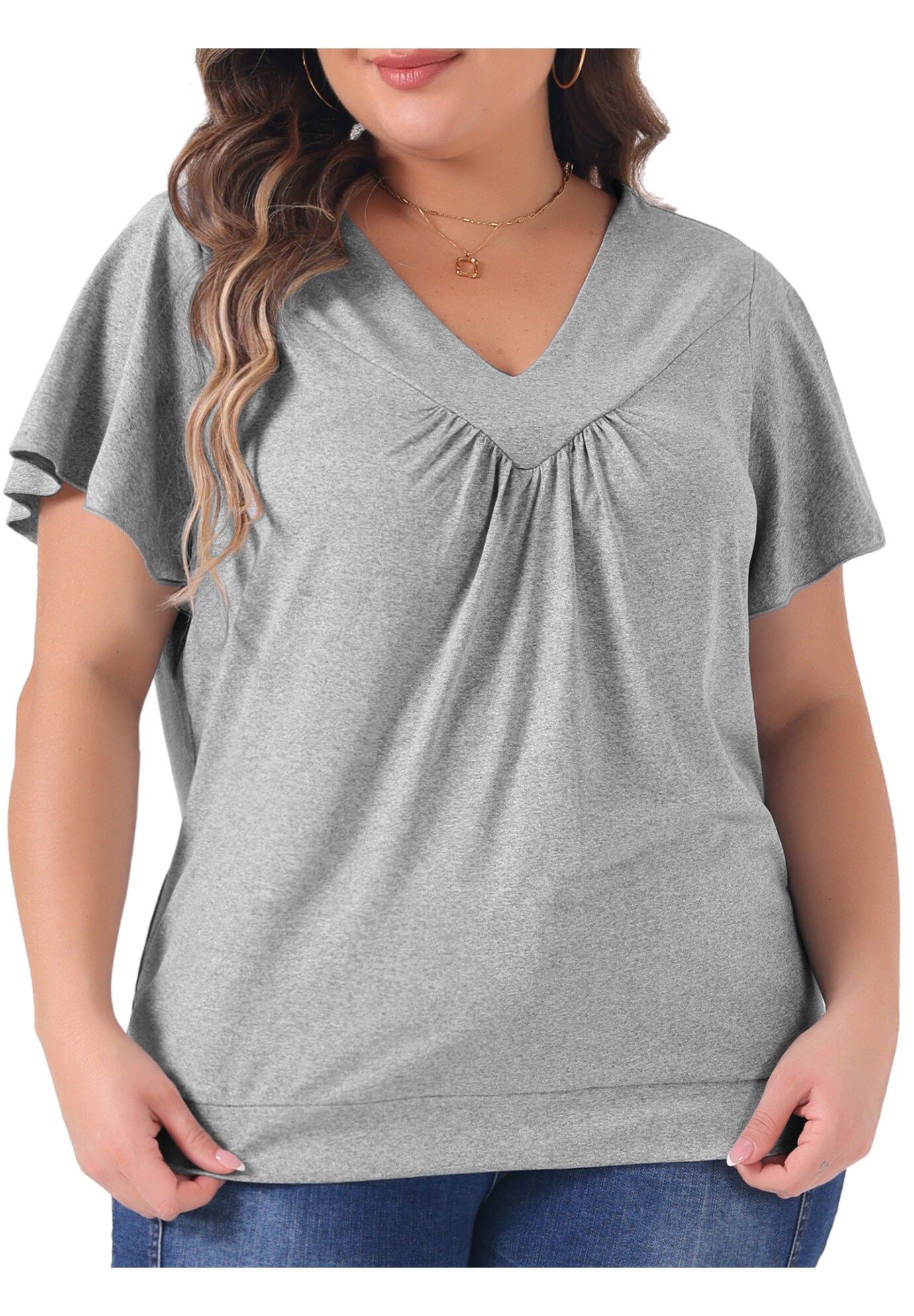 V Neck Ruffle Short Sleeve T-Shirt Top, Grey / Light Grey, alternate image number 2