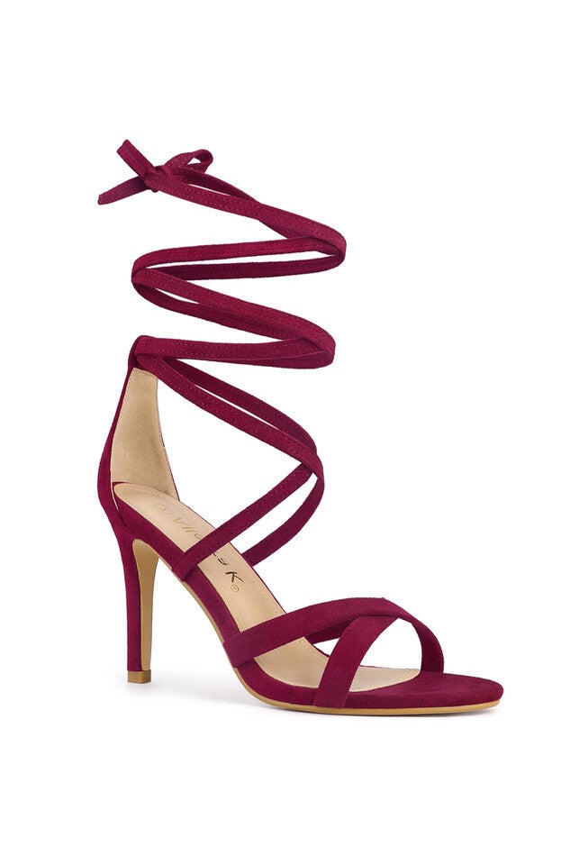Lace Up Heels Stiletto High Heel Sandals, Burgundy / Burgundy, hi-res image number 0