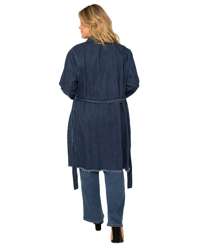 Natalie Plus Size Denim Robe Long Sleeves Collared Jacket, Dark Stone / Dark Wash, alternate image number 4