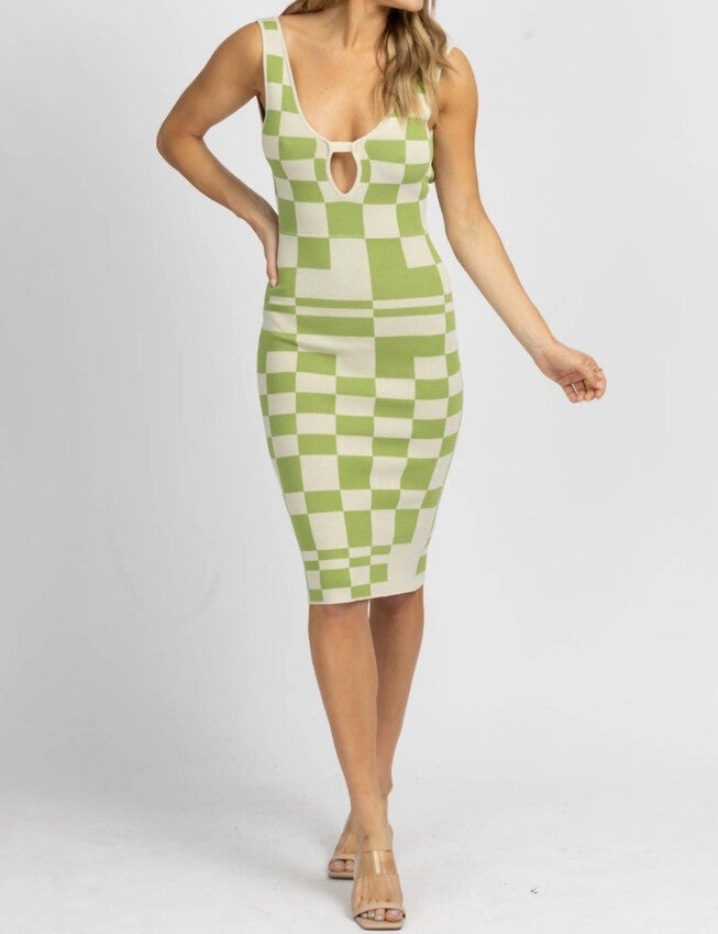 CHECKED KNIT MIDI DRESS IN TAUPE + SAGE, , alternate image number null