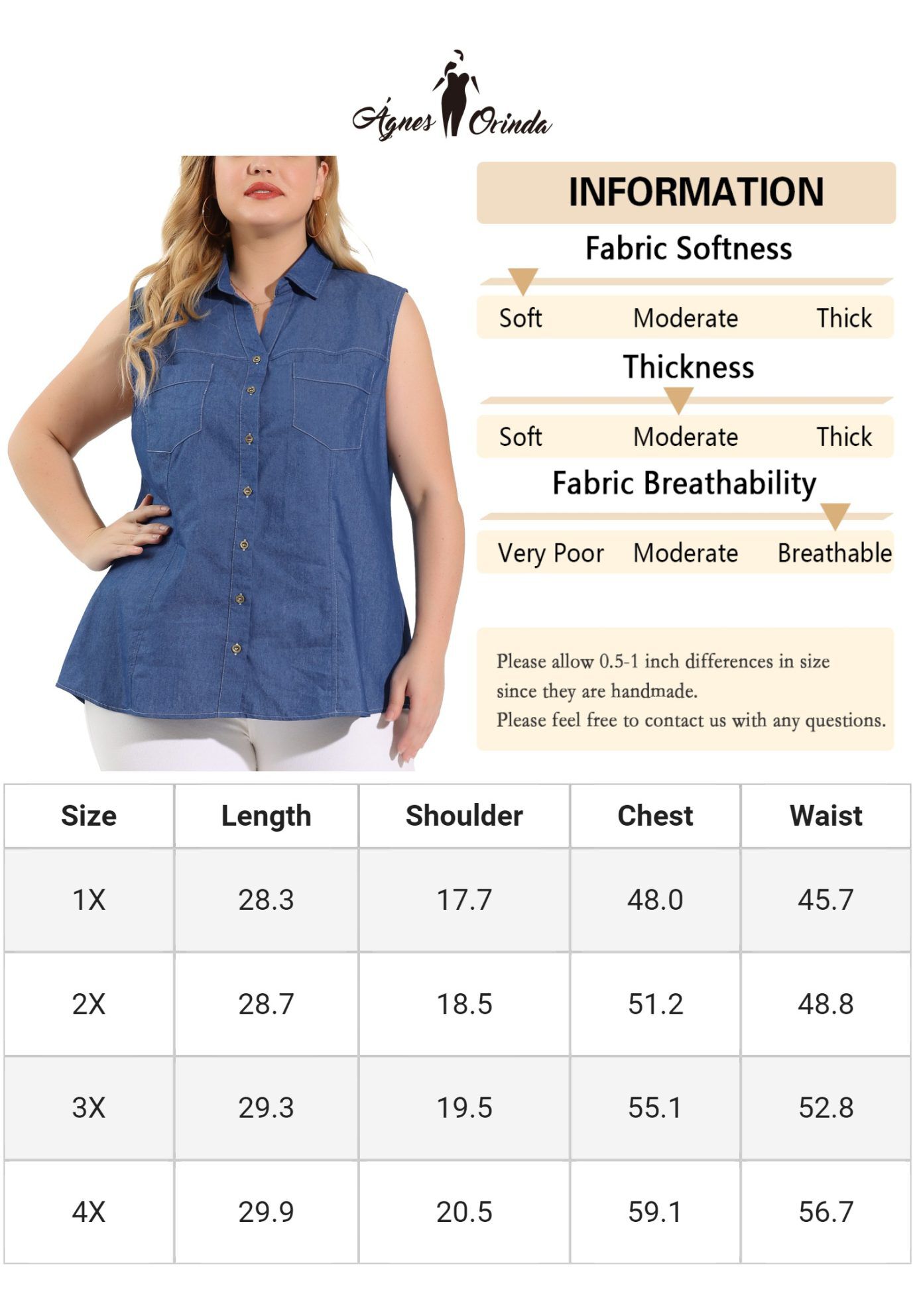 Sleeveless Button Down Shirt Chambray Top, Blue / Chambray Denim Medium, alternate image number 1