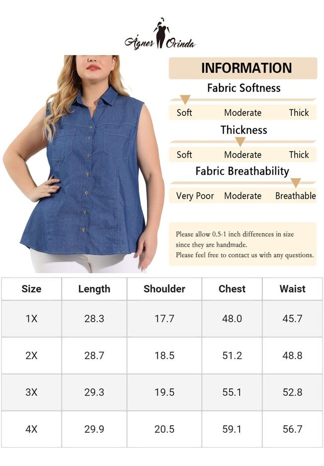 Sleeveless Button Down Shirt Chambray Top, Blue / Chambray Denim Medium, alternate image number 1