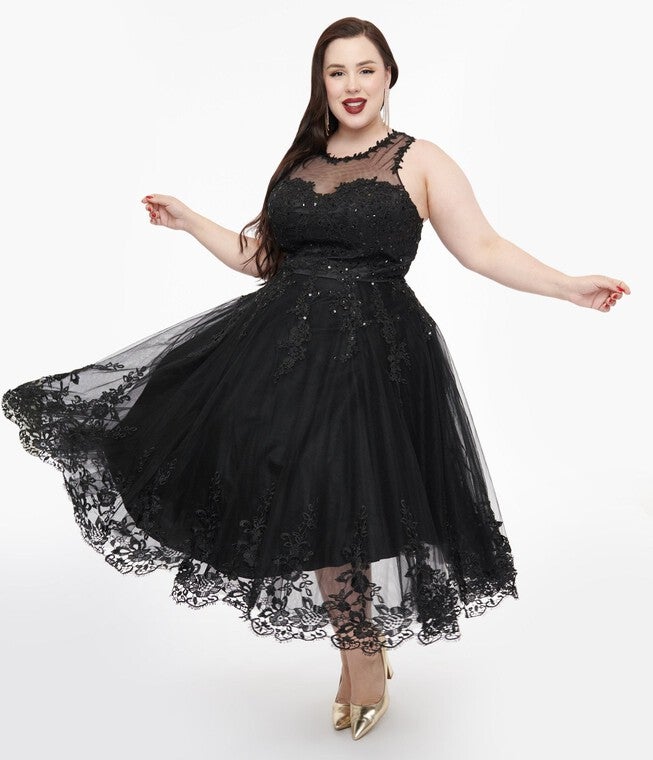 1950s Black Lace & Tulle Riviera Dress, Black / Black, hi-res image number null