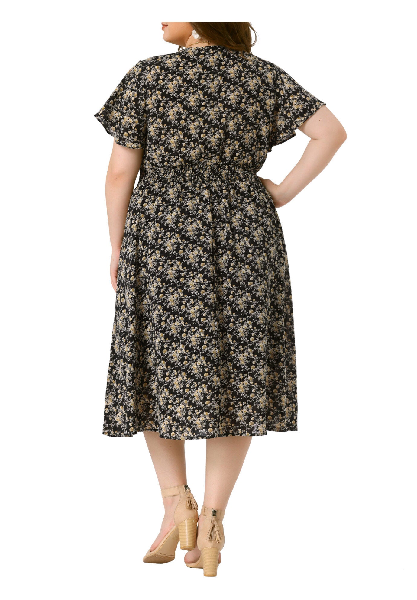 Summer Floral Print V Neck Smocked A-Line Flowy Midi Dress, Black / Black, alternate image number 3