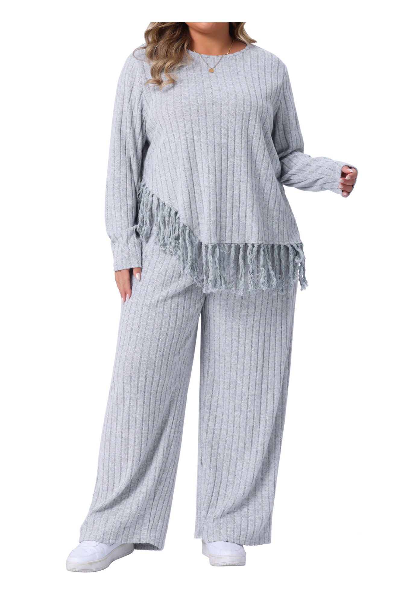 2 Piece Lounge Set Asymmetrical Fringe Hem Outfits, Gray / Cool Gray, alternate image number 2