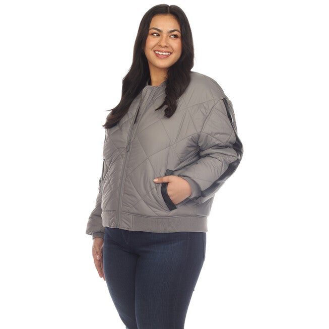 Women's Lightweight Diamond Quilted Puffer Bomber Jacket, Grey / Charcoal Grey, hi-res image number null